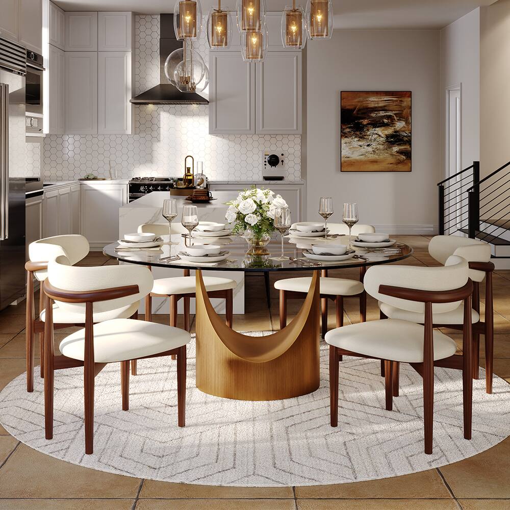Angle. POVISON - 59" Modern Round Dining Table for 6, Clear Glass Table for Kitchen with U-shaped Bronze Steel Base - Clear Tempered Glass with Bronze Steel Base.