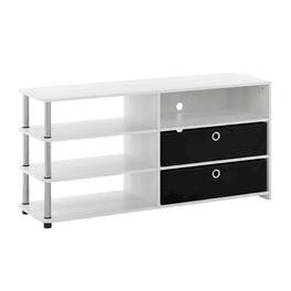 FurniFact - Wooden TV stand for up to 55 inches with storage bins, Oak finish - White