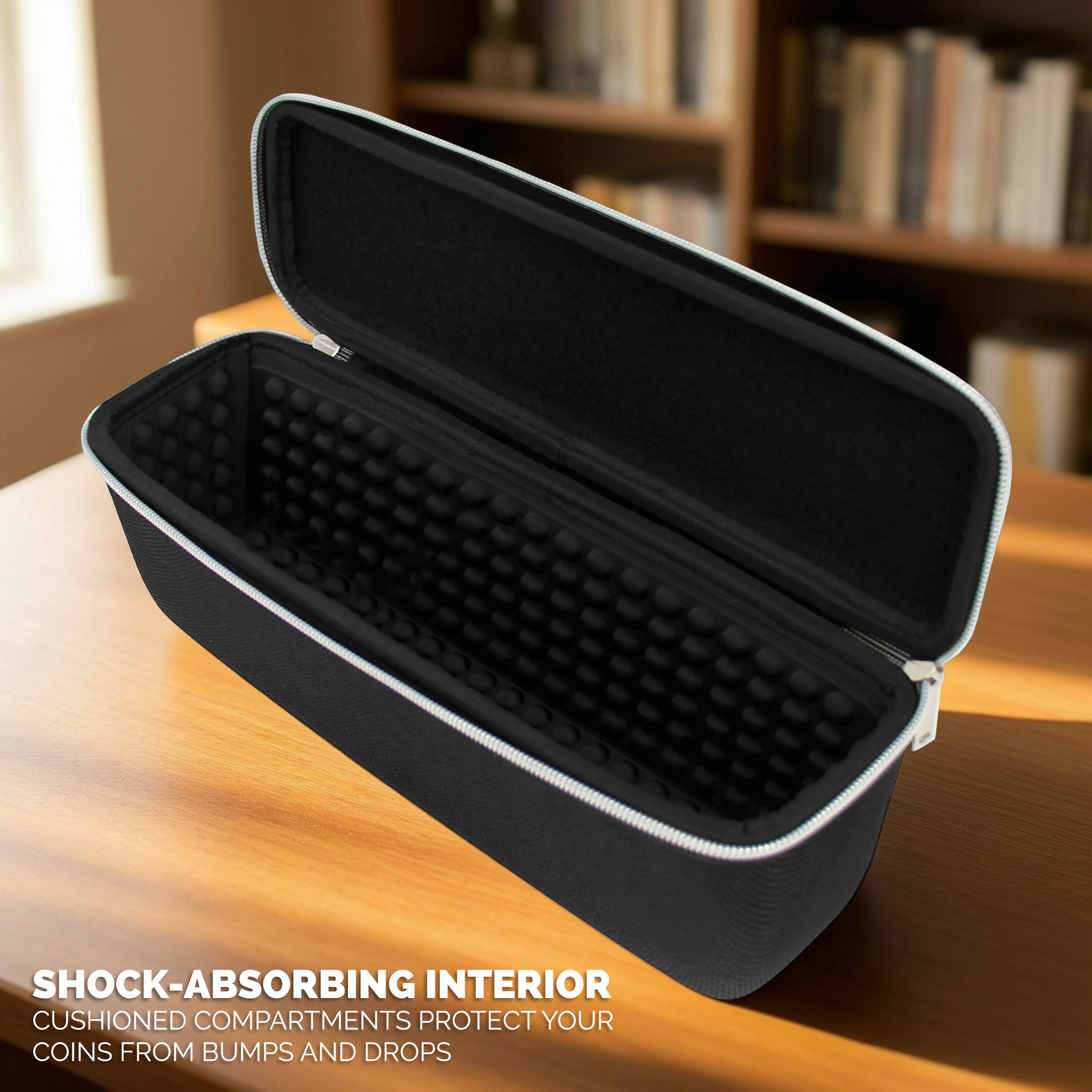 SHOCK-ABSORBING INTERIOR CUSHIONED COMPARTMENTS PROTECT YOUR COINS FROM BUMPS AND DROPS