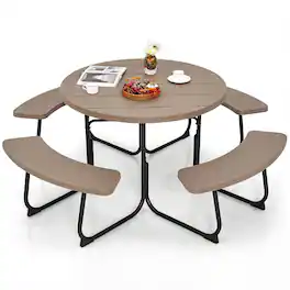 Costway - Outdoor 8-person Round Picnic Table Bench Set with 4 Benches & Umbrella Hole - Brown