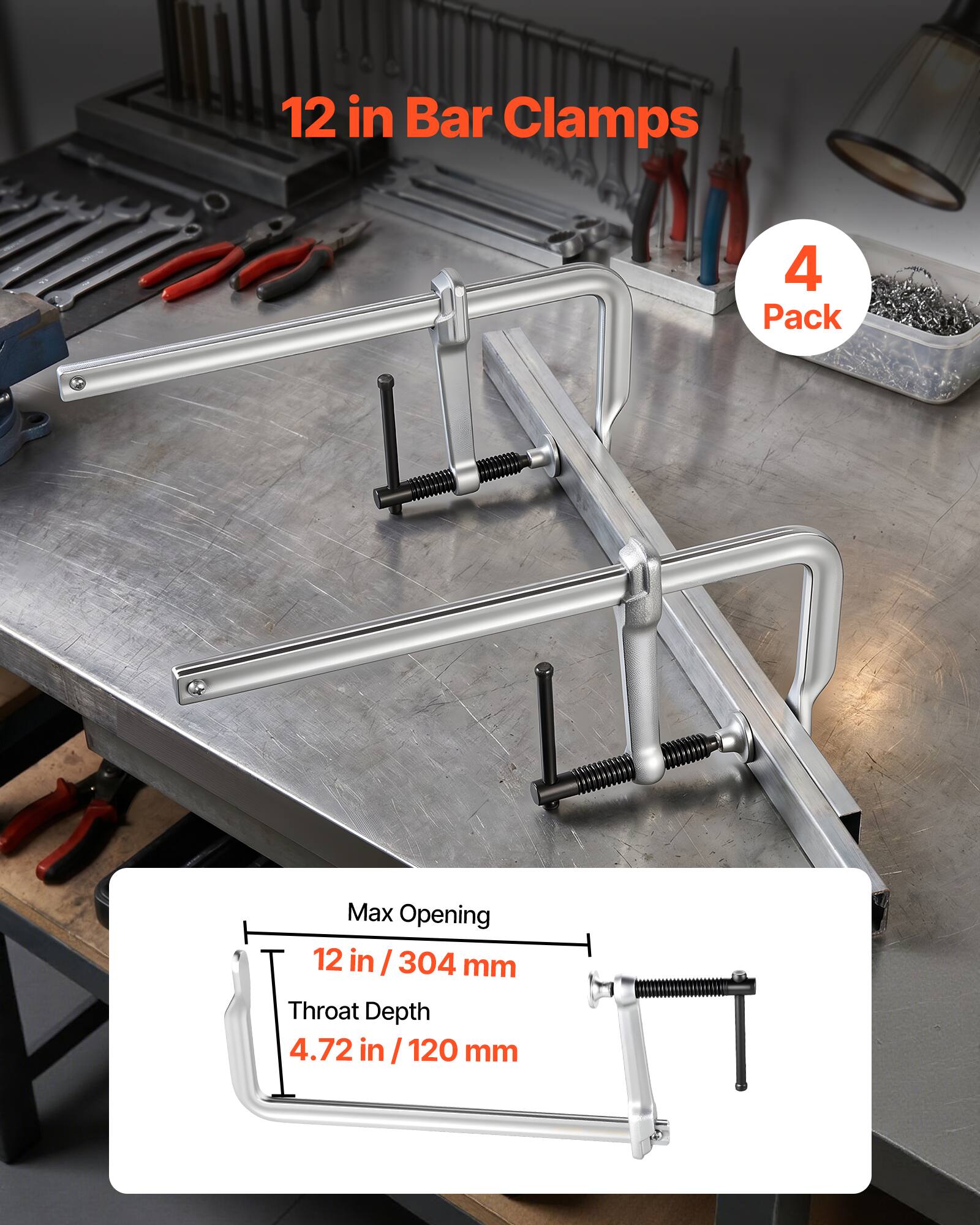 12 in Bar Clamps  
4 Pack  
Max Opening 12 in / 304 mm  
Throat Depth 4.72 in / 120 mm