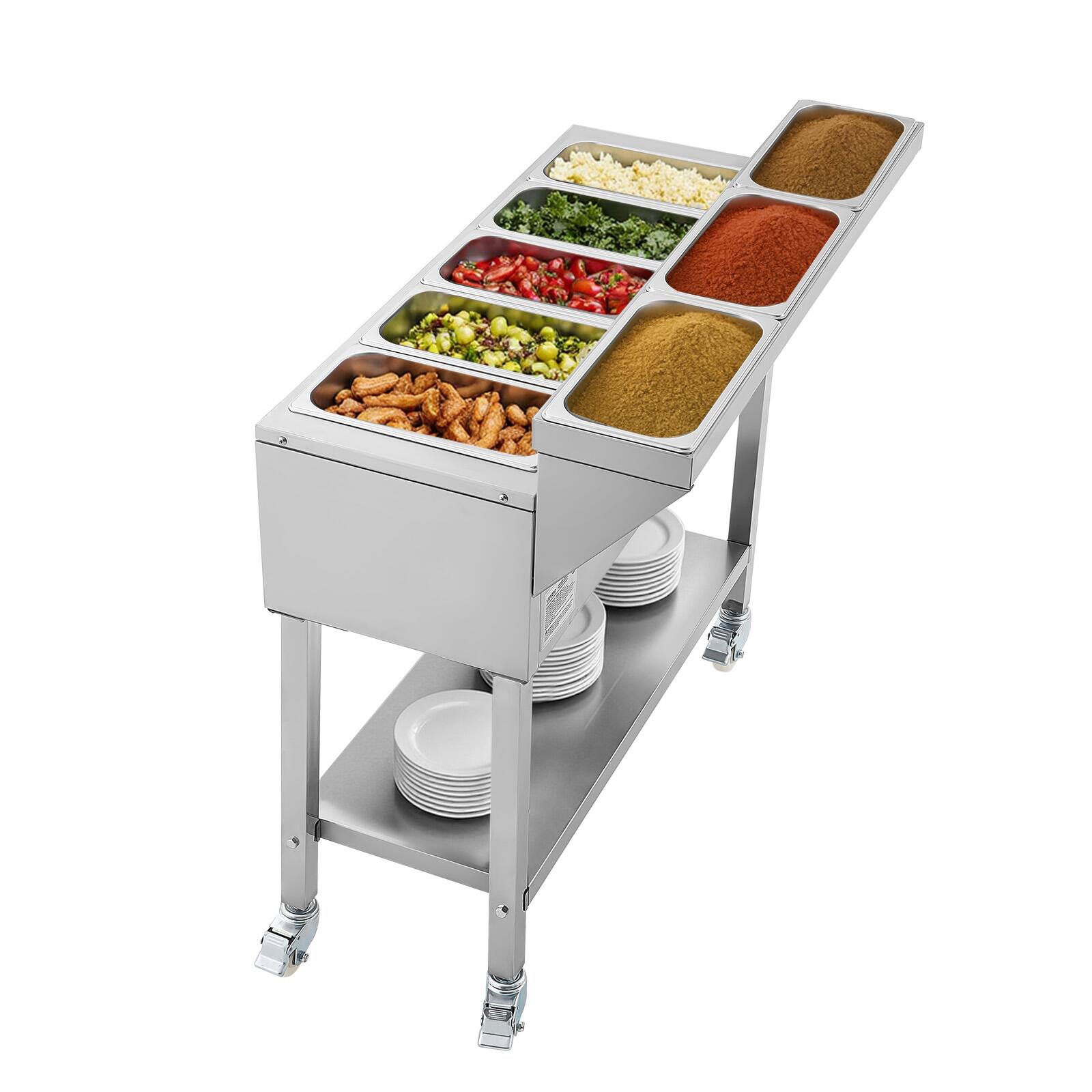 Alt View 5. VEVOR - Commercial Propane Steam Table, 5 Food Pans & 3 Condiment Pans,LP Gas Outdoor Soup Warmer with Drain Valve and 3" Wheels - Silver.