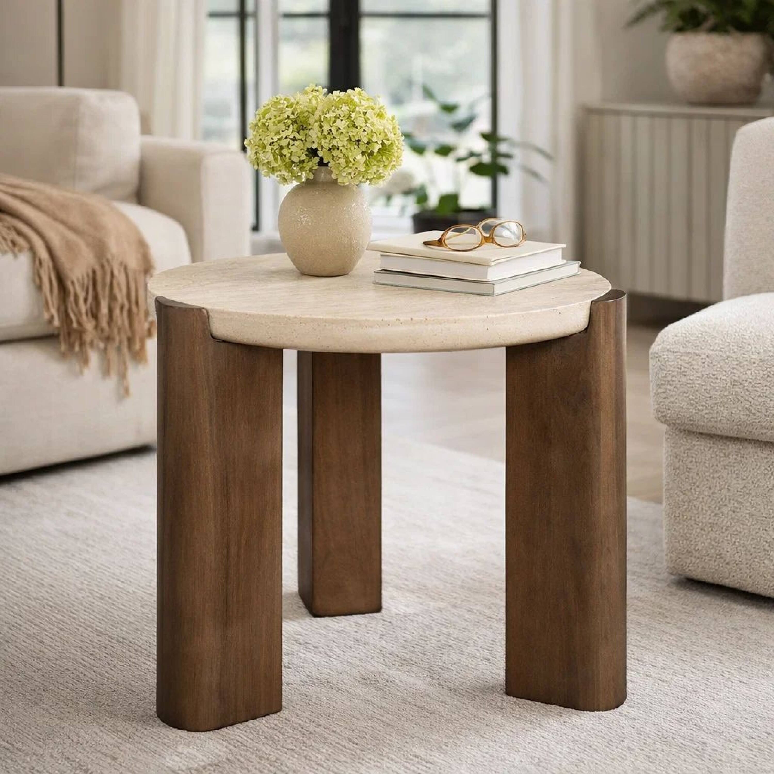 Alt View 8. Manhattan Lane - Hery Side End Table, 22 Inch Round Travertine Top, Dark Oak Brown Legs - Beige, Dark Oak Brown.