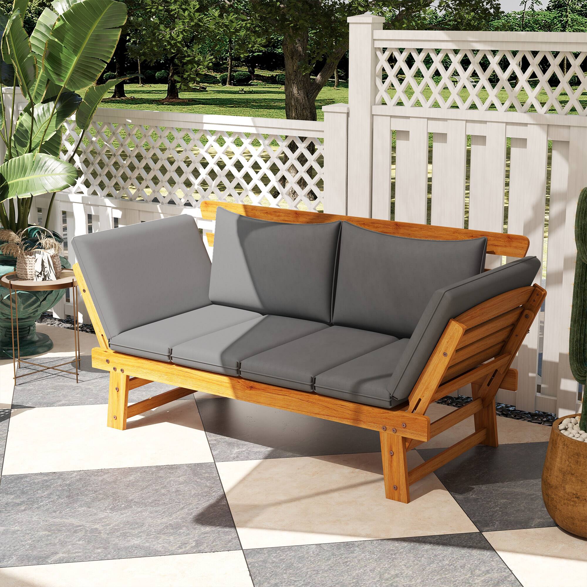 Angle. Outsunny - Outsunny Convertible Outdoor Couch Sofa Bed with Adjustable Armrests, Pine Wood Patio Loveseat - Gray.