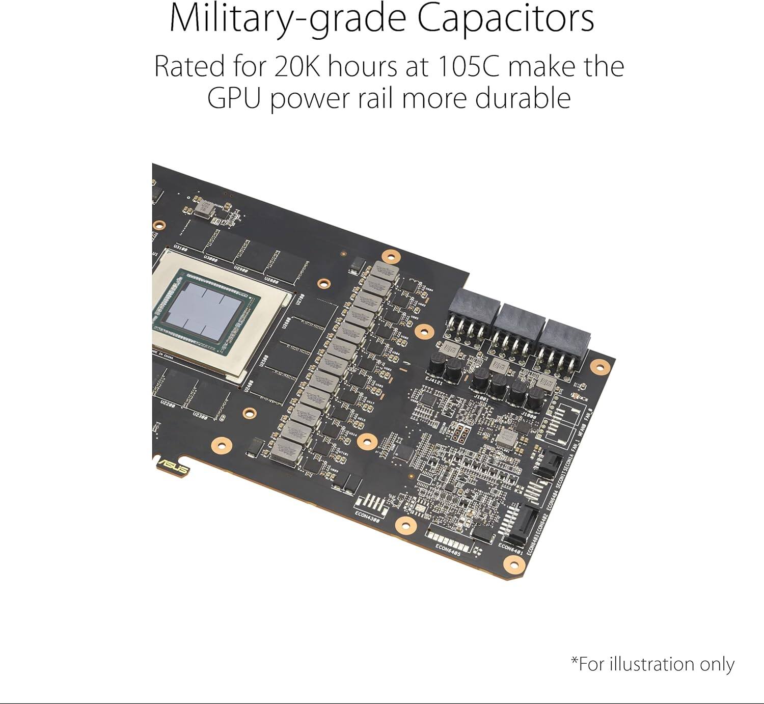 Military-grade Capacitors Rated for 20K hours at 105C make the GPU power rail more durable

*For illustration only
