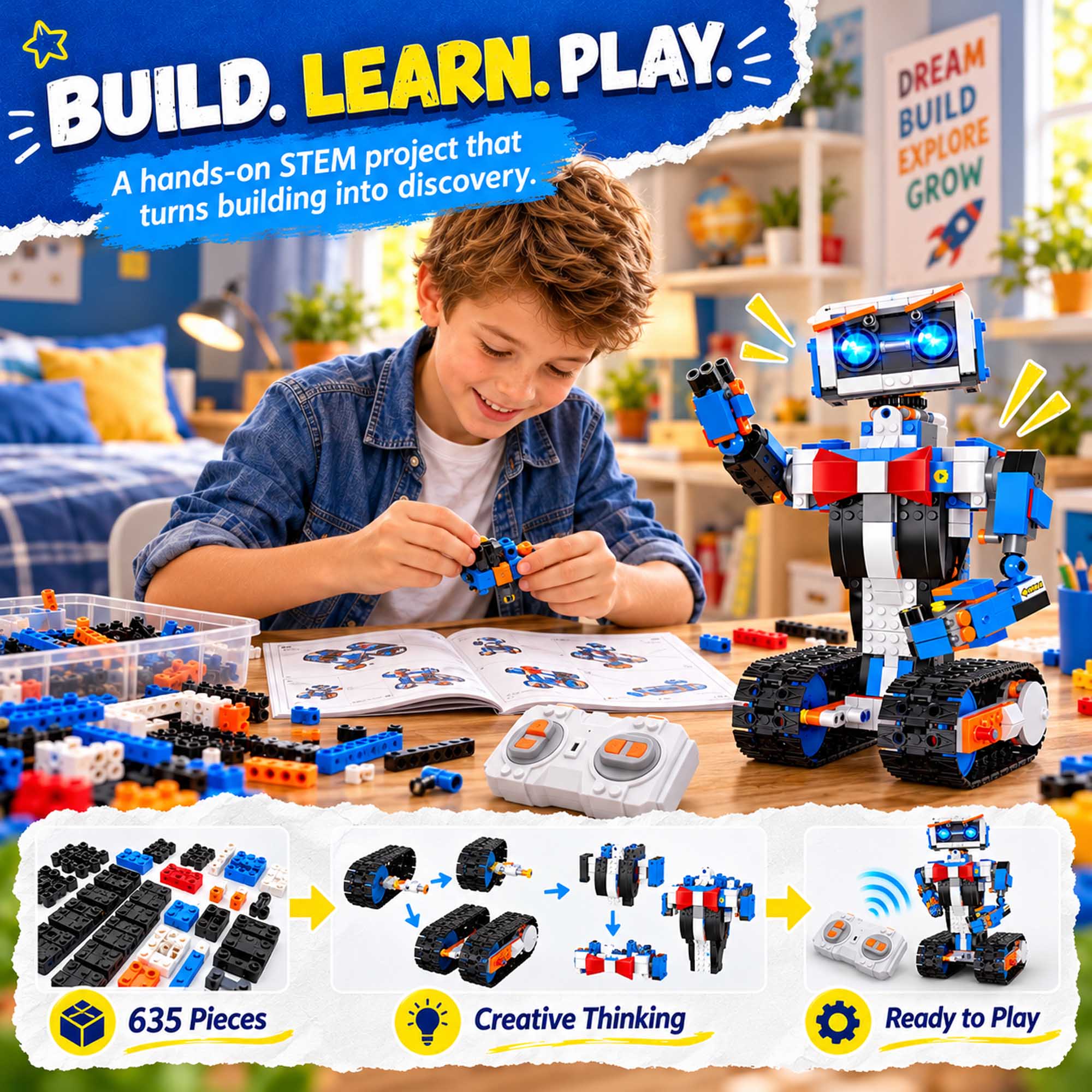 BUILD. LEARN. PLAY.  
A hands-on STEM project that turns building into discovery.  

DREAM BUILD EXPLORE GROW  

635 Pieces  
Creative Thinking  
Ready to Play