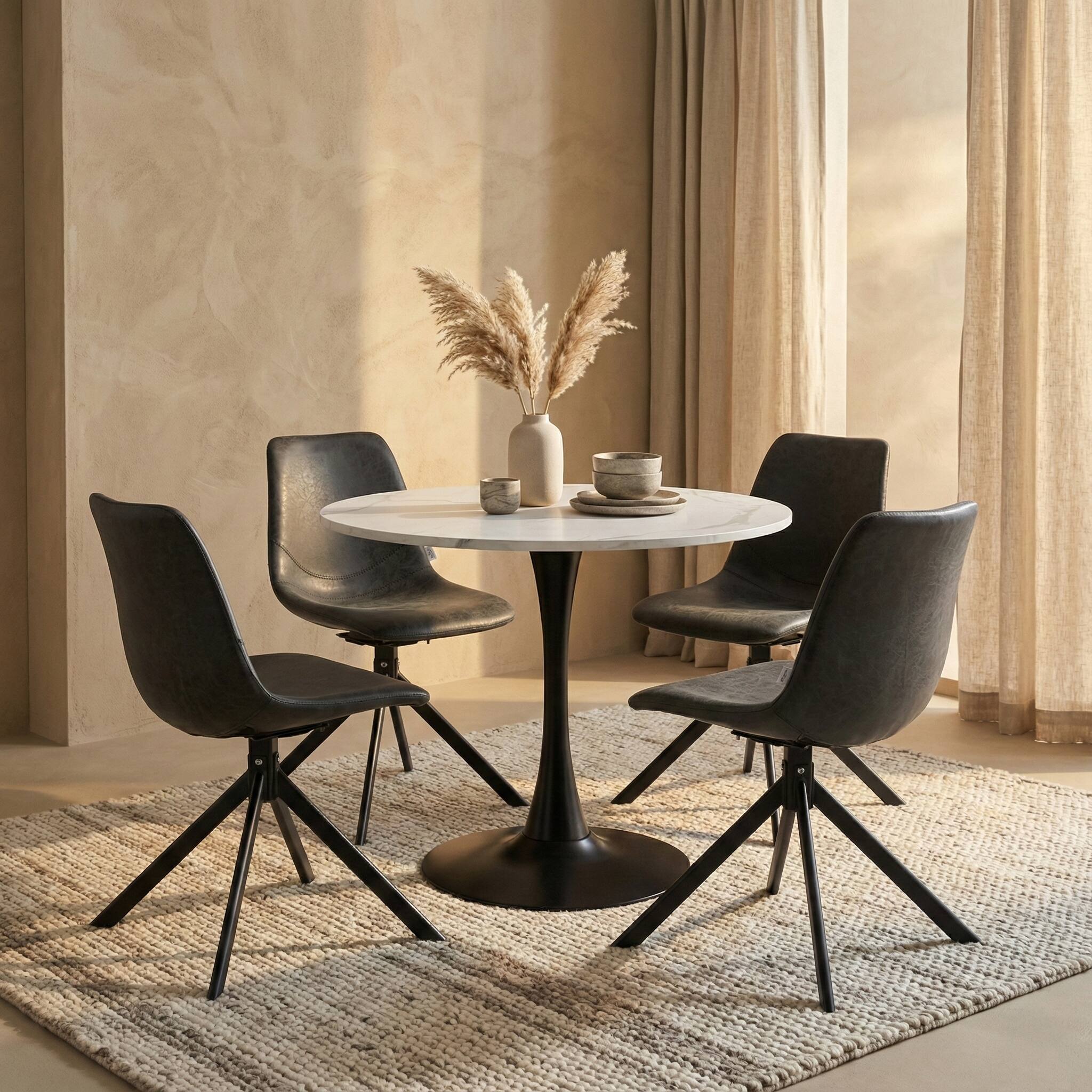 Angle. LeisureMod - Bristol 31" Mid-Century Modern Round Pedestal Dining Table - Glossy MDF/Stone Top for Kitchen & Cafe - Beveled - Marbled White.