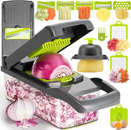 Front. PARKER SLATER - 12-in-1 Multi-Function Vegetable Chopper, Onion Mincer & Veggie Slicer, Dicer & Cutter with Container – Perfect for Pota - Gray.