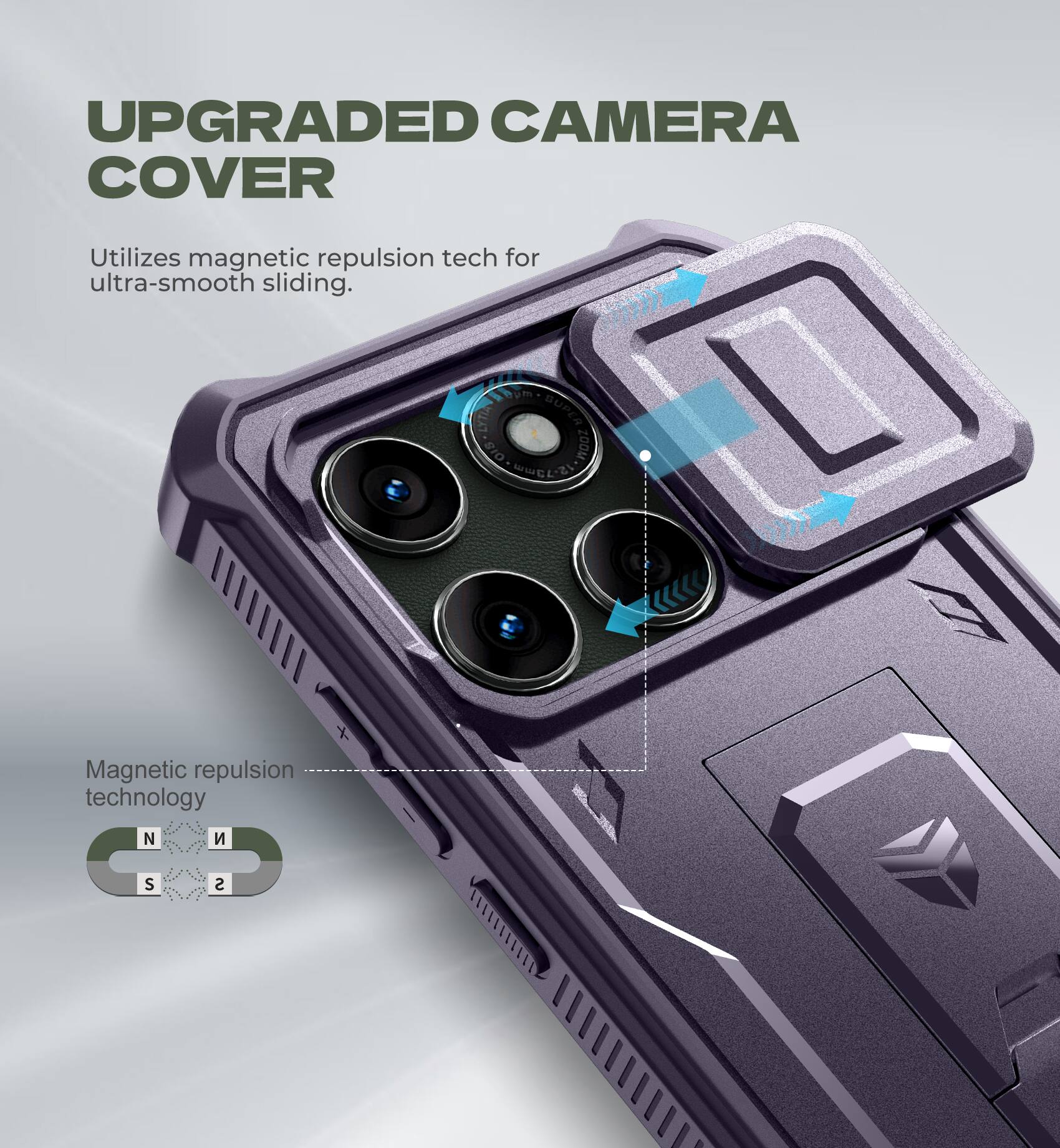 UPGRADED CAMERA COVER  
Utilizes magnetic repulsion tech for ultra-smooth sliding.  

Magnetic repulsion technology