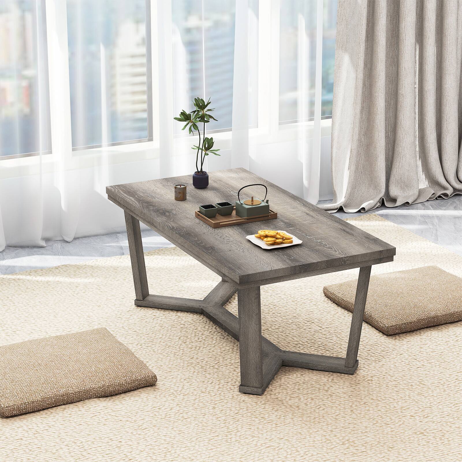 Alt View 4. Gymax - Gymax Coffee Table Solid Rubber Wood Center Table w/ Cross-Shaped Base Accent Table - Gray.