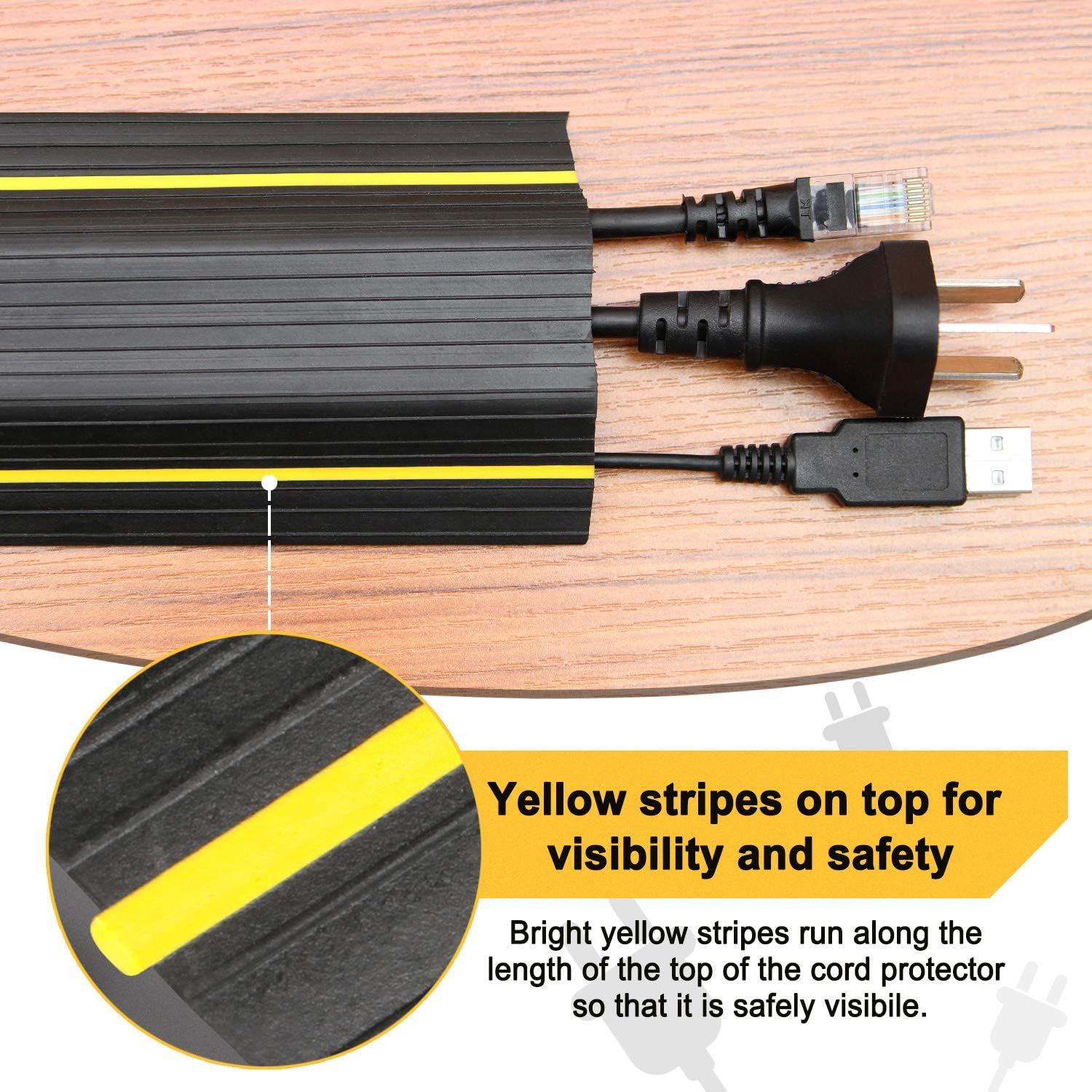 Yellow stripes on top for visibility and safety

Bright yellow stripes run along the length of the top of the cord protector so that it is safely visible.
