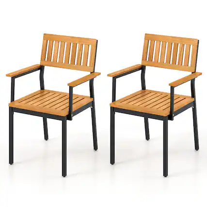 Front. Gymax - Gymax Dining Chair Set of 2 w/Acacia Wood Backrest Slanted Seat Comfortable Armrests - Natural, Black.