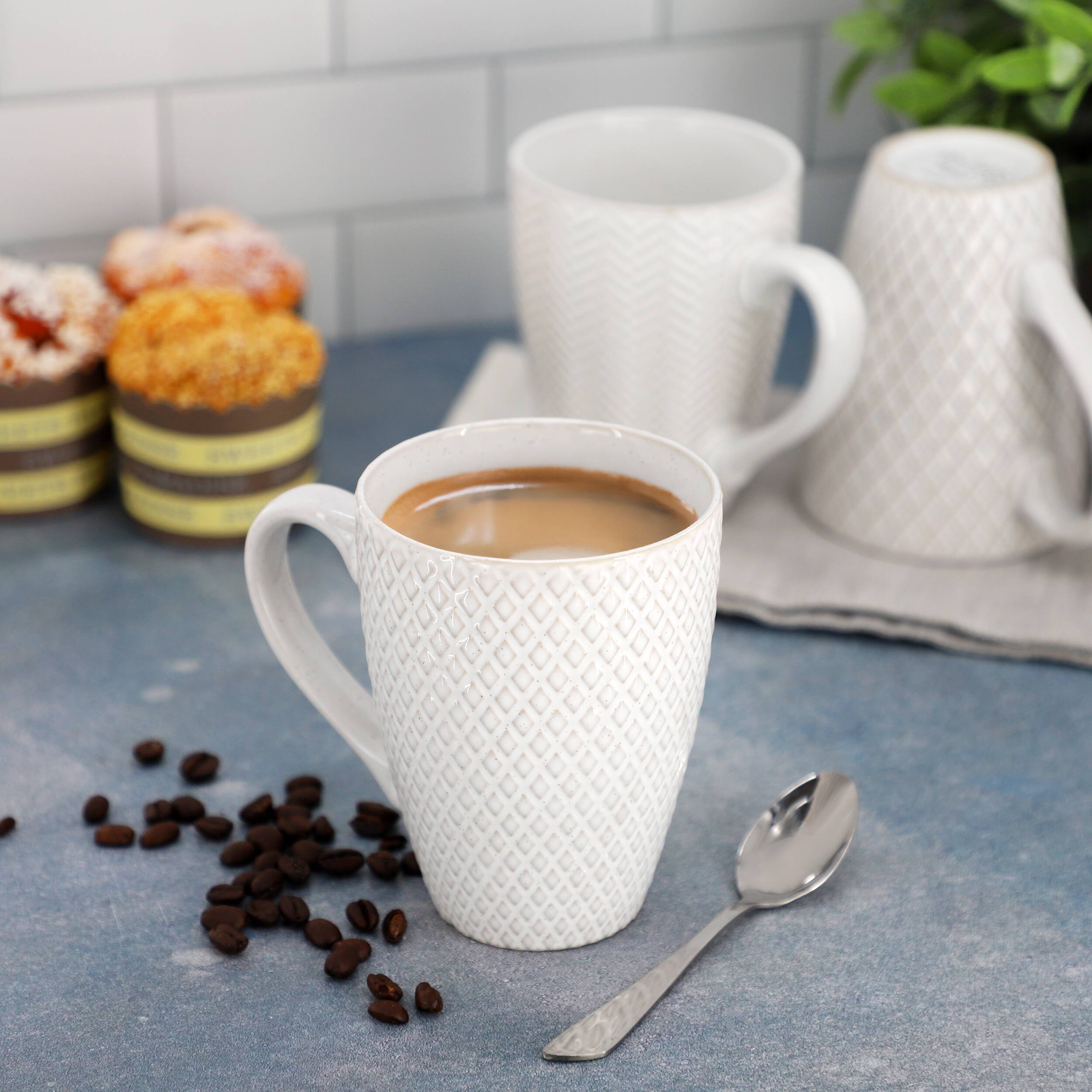 Alt View 5. Gibson - Gibson Elite Earlhart 4 Piece 16 Ounce Stoneware Assorted Pattern Mug Set in White - White.