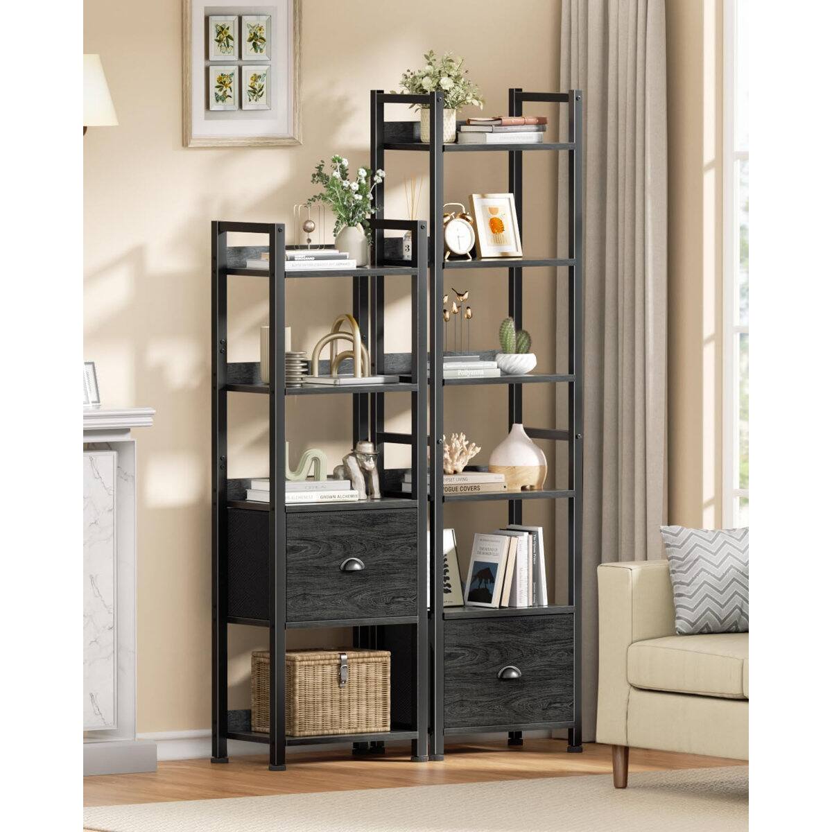 Alt View 3. Furnulem - 6 Tier Industrial Storage Bookshelf with Fabric Drawer for Bedroom Living Room Home Office - Black.