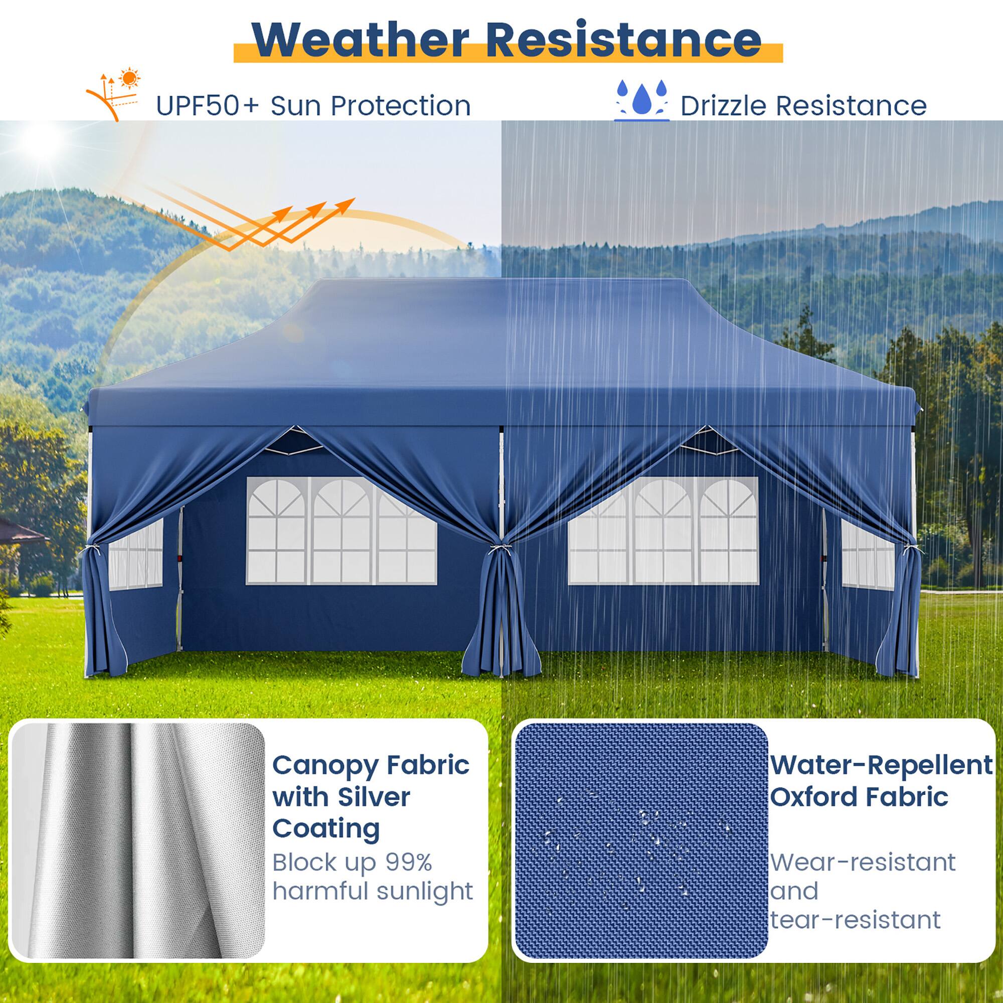 Weather Resistance: UPF50+ Sun Protection, Drizzle Resistance

Canopy Fabric with Silver Coating: Blocks up to 99% harmful sunlight

Water-Repellent Oxford Fabric: Wear-resistant and tear-resistant