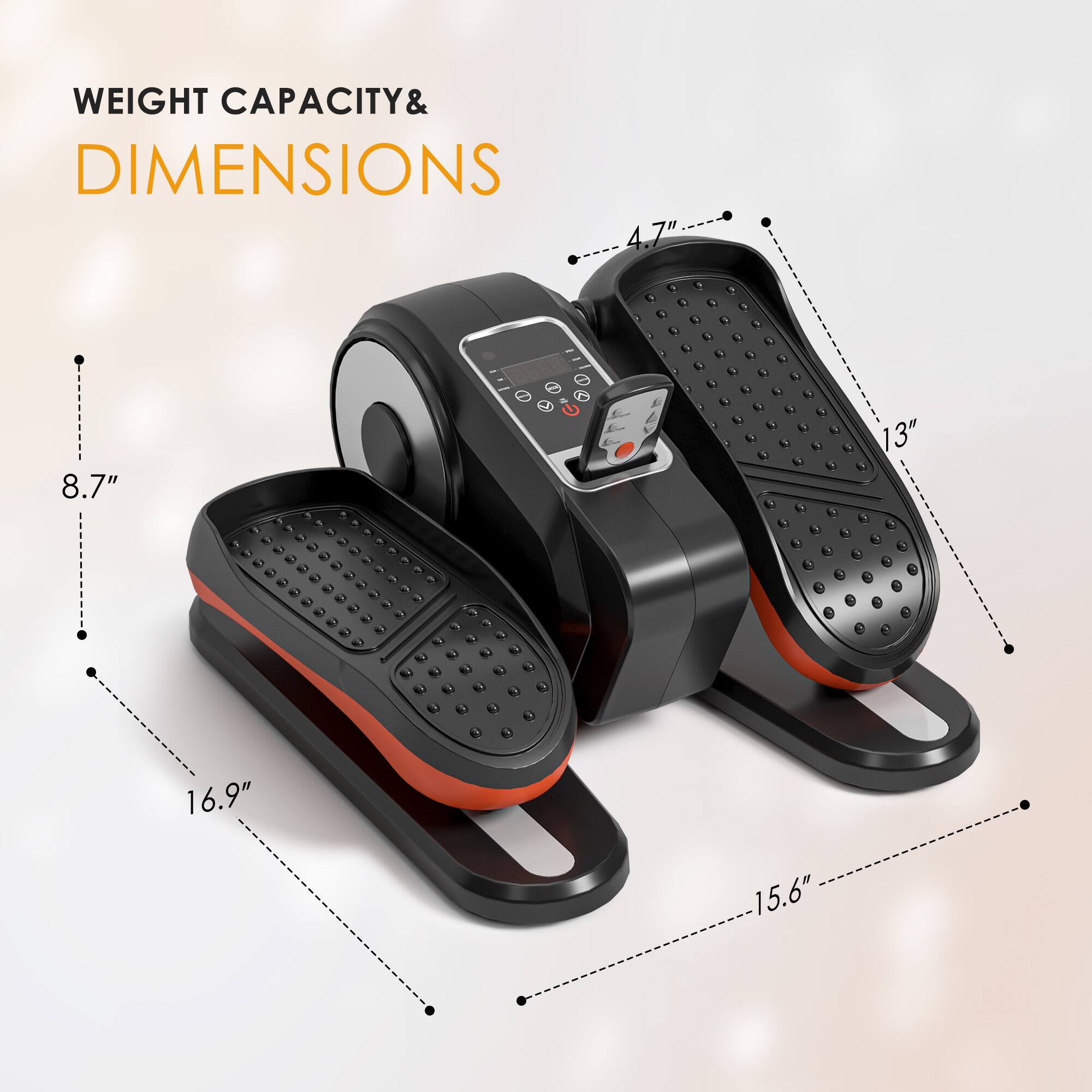 WEIGHT CAPACITY & DIMENSIONS

- 4.7"
- 8.7"
- 13"
- 16.9"
- 15.6"