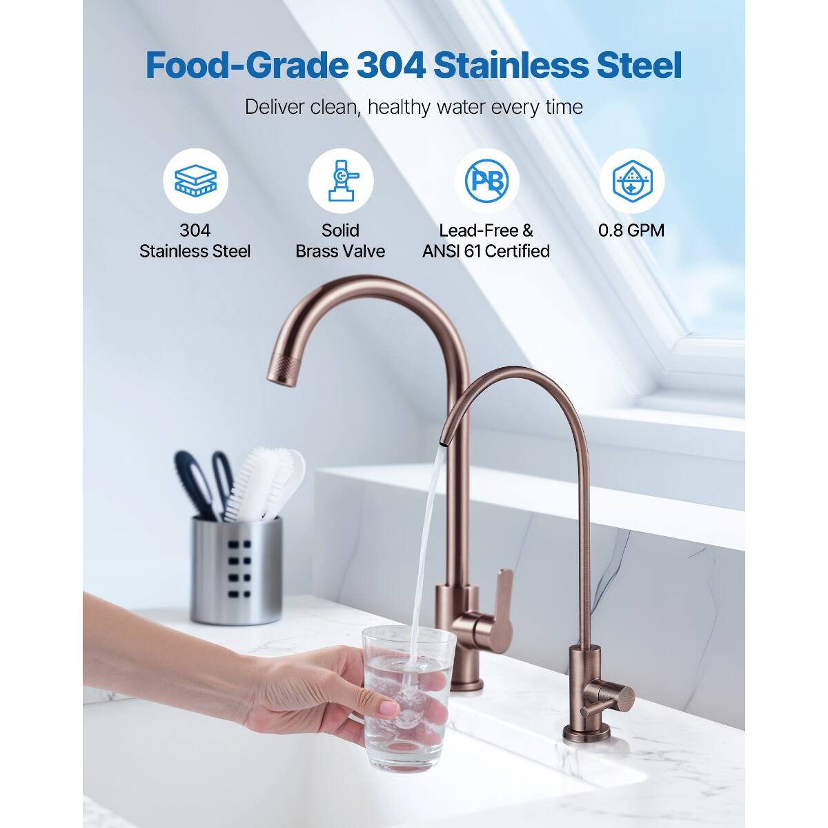 Food-Grade 304 Stainless Steel  
Deliver clean, healthy water every time

- 304 Stainless Steel
- Solid Brass Valve
- Lead-Free & ANSI 61 Certified
- 0.8 GPM