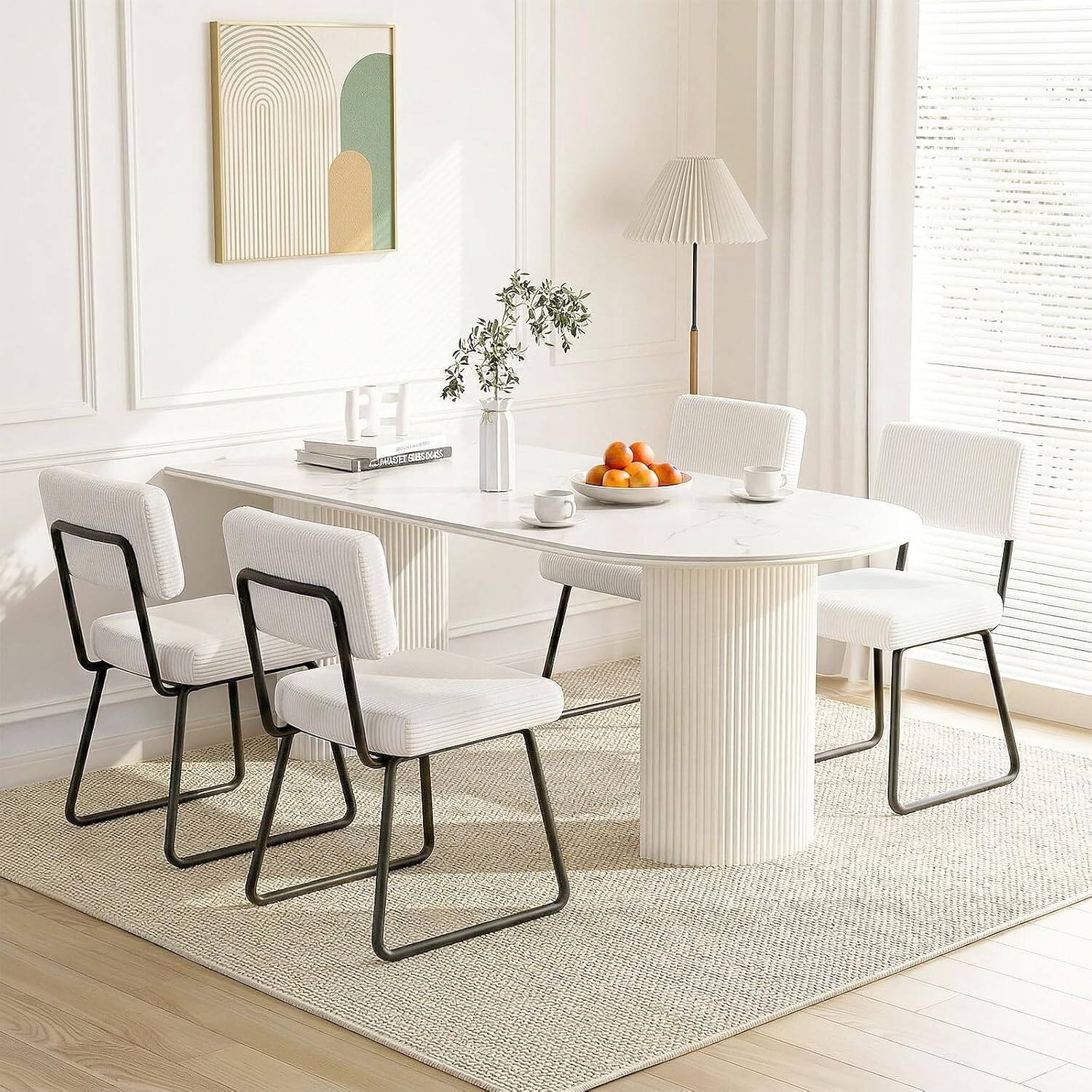 Angle. Aheaplus - Upholstered Striped Dining Chairs Set of 2 with Thickened Cushion - White.
