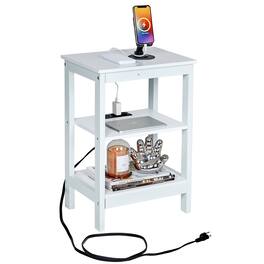 Vecelo - 3-Tier End Table with Charging Station, USB Ports & AC Outlets, Small Side Table with Storage for Bedroom or Living Room - White