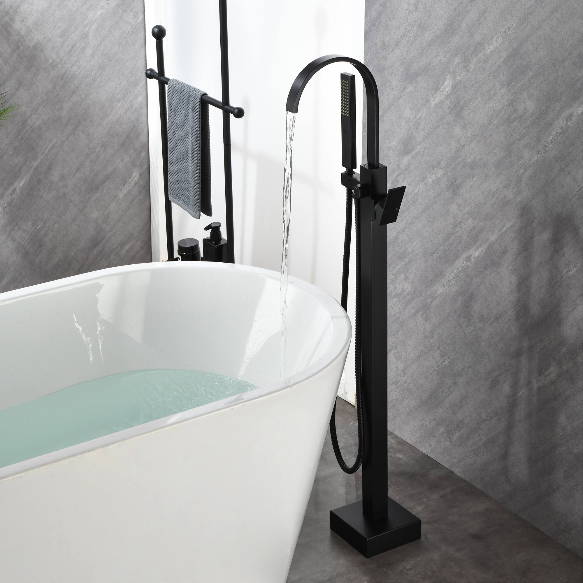 Alt View 1. Boyel Living - Matte Black Freestanding Bathtub Faucet Solid Brass 360° Swivel Handheld Spray 60-Inch Hose cUPC - Matte Black.