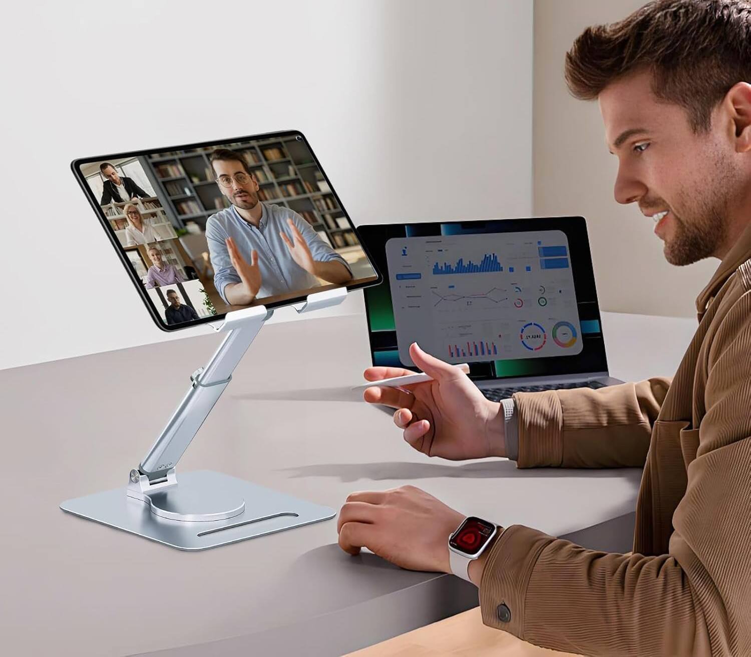 Alt View 2. FINEAK - 360° Adjustable Ergonomic Tablet Stand for iPad & Phones - Metallic Silver.