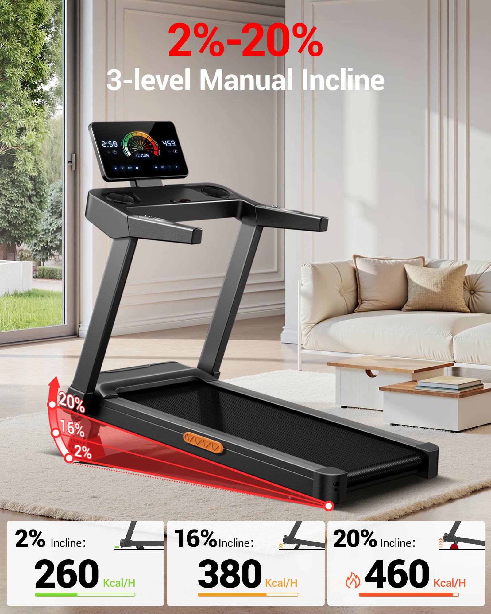 2%-20%  
3-level Manual Incline  

2% Incline: 260 Kcal/H  
16% Incline: 380 Kcal/H  
20% Incline: 460 Kcal/H