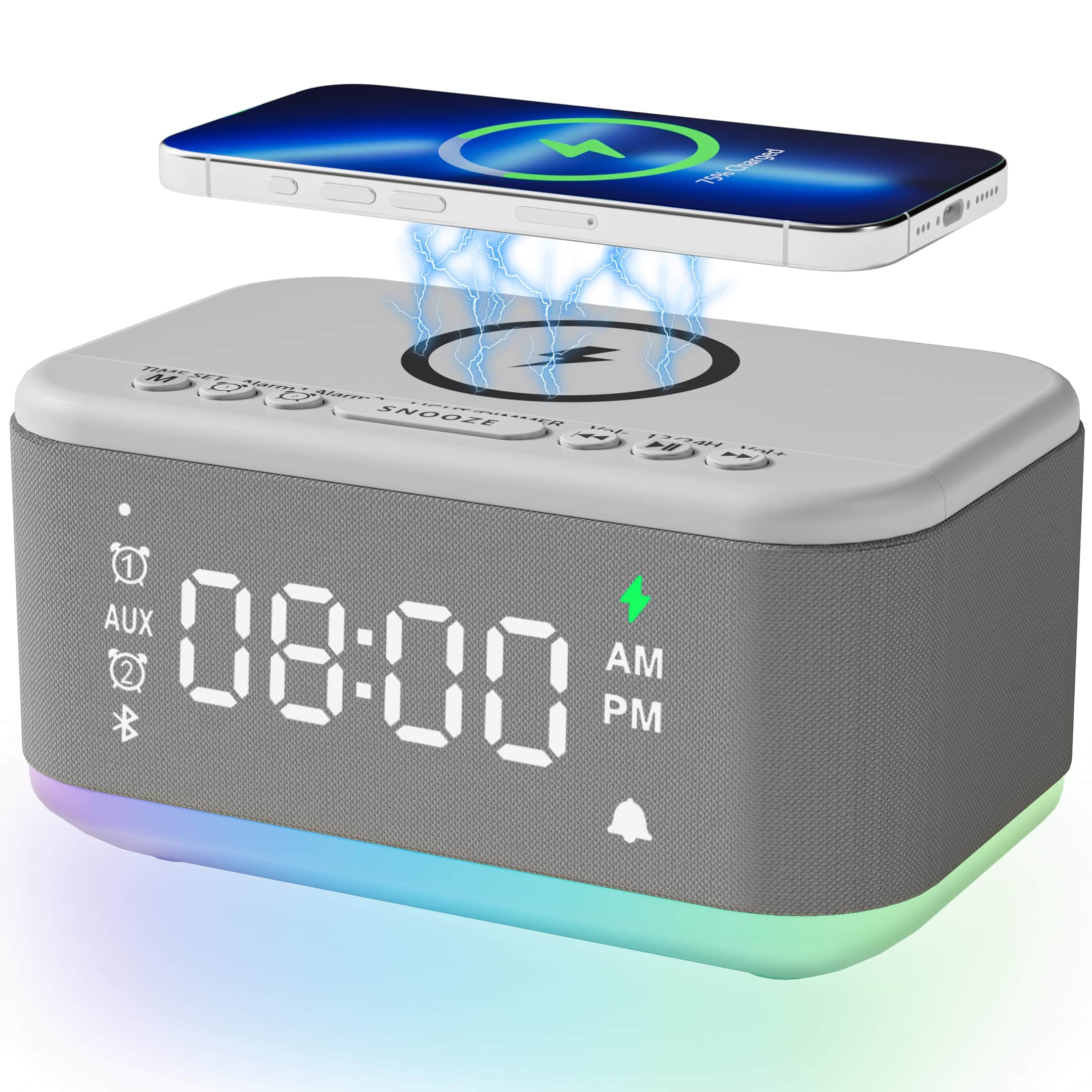 Dazzed Corner - Alarm Clock Speaker with Wireless Charger, Bluetooth Digital Alarm Clock - Gray