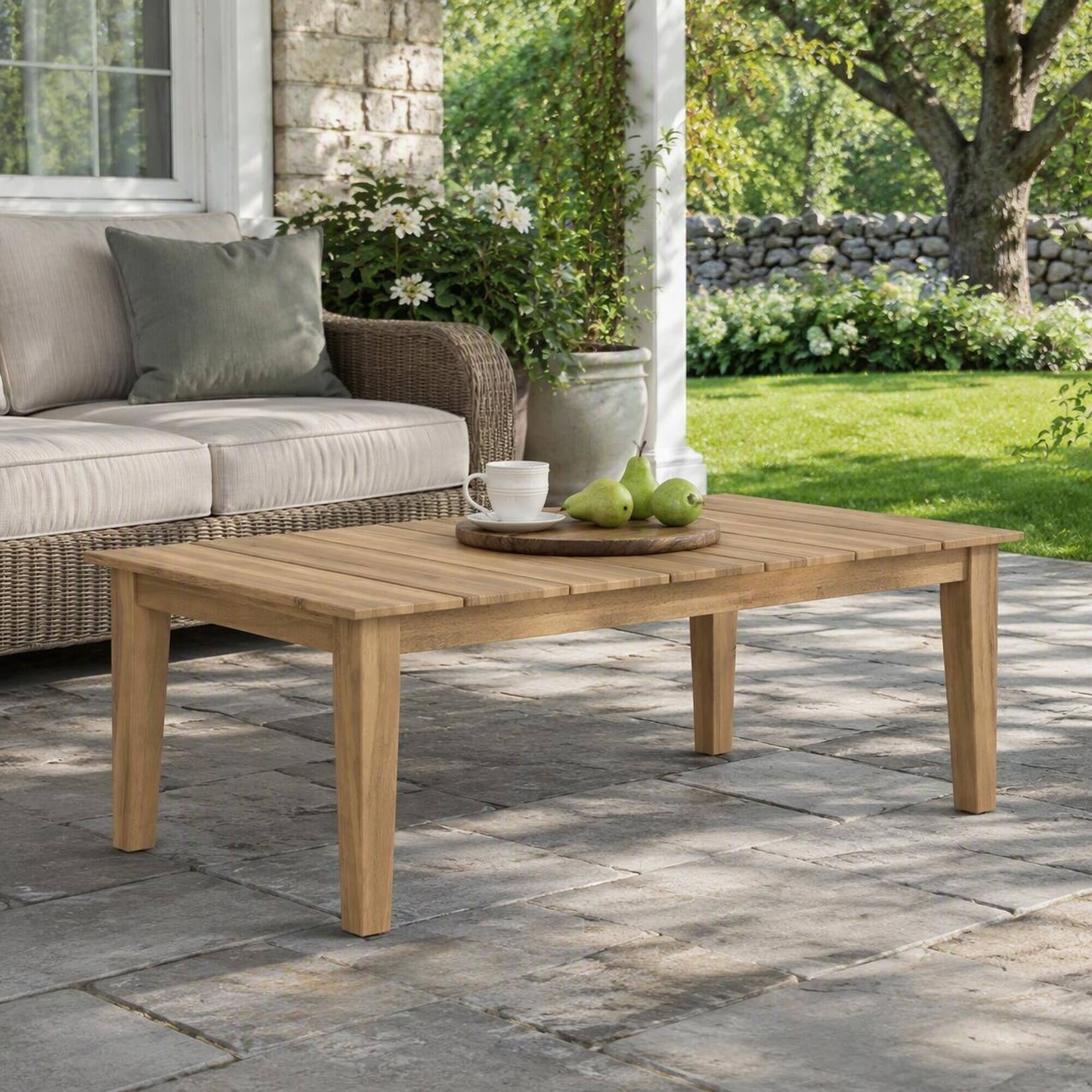 Angle. RYHNUYNE - Outdoor Solid Wood Coffee Table, Rectangular Slatted Patio Table with Natural Wood Finish for Backyard Porch Garden - Brown.