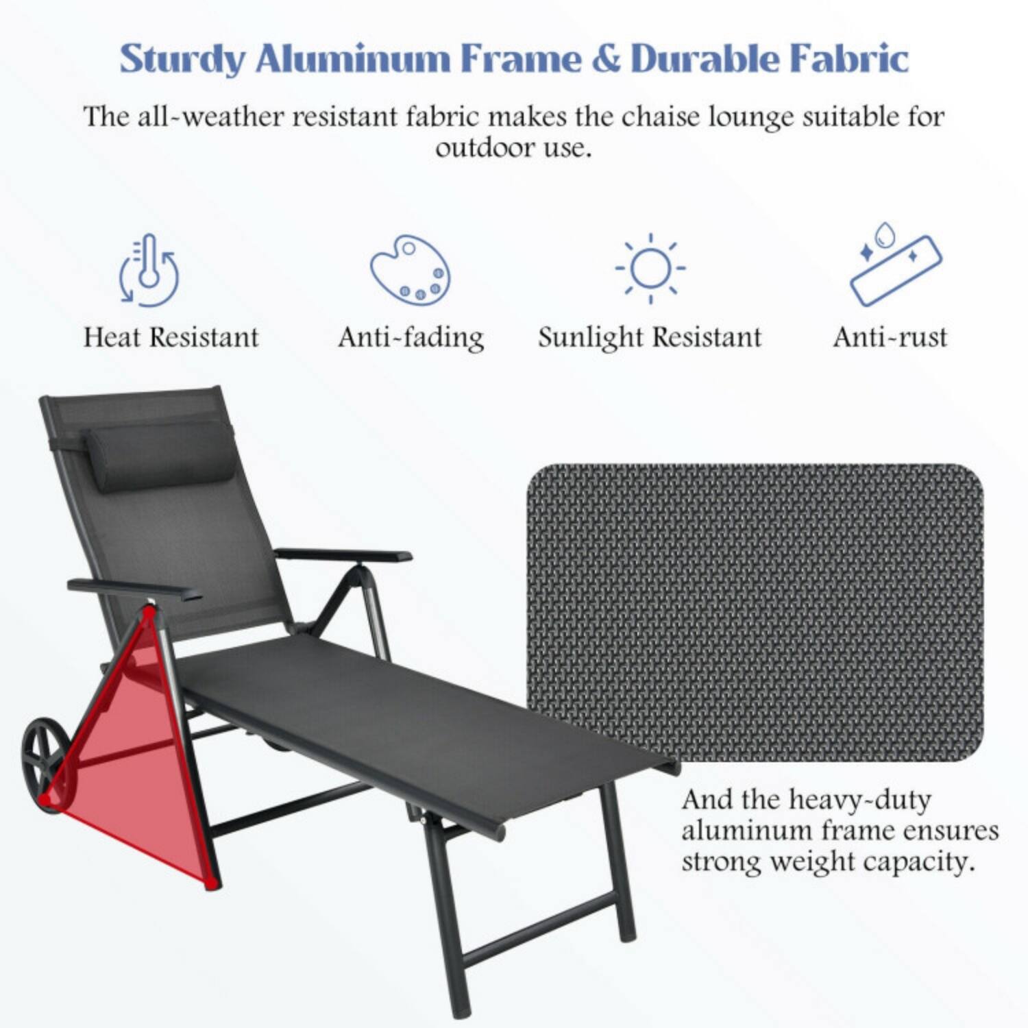Sturdy Aluminum Frame & Durable Fabric

The all-weather resistant fabric makes the chaise lounge suitable for outdoor use. Heat Resistant, Anti-fading, Sunlight Resistant, Anti-rust. And the heavy-duty aluminum frame ensures strong weight capacity.
