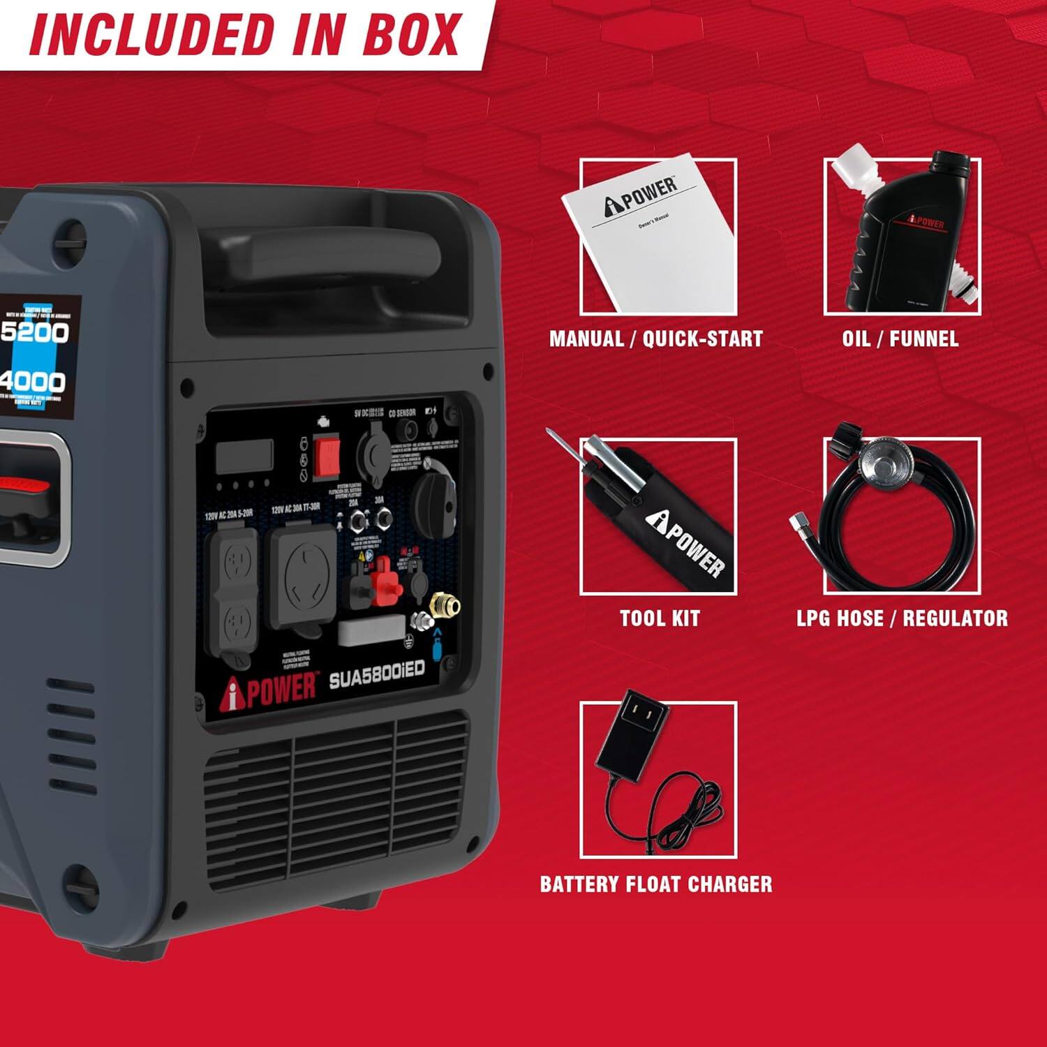 INCLUDED IN BOX

- MANUAL / QUICK-START
- OIL / FUNNEL
- TOOL KIT
- LPG HOSE / REGULATOR
- BATTERY FLOAT CHARGER