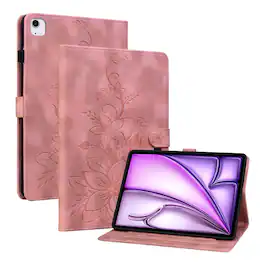 Dteck - For Apple iPad Air (M4) 11" 2026 M3/M2 & iPad Pro 11 (4th-1st) Gen Embossed Floral PU Leather Flip Card Holder Cover - Pink