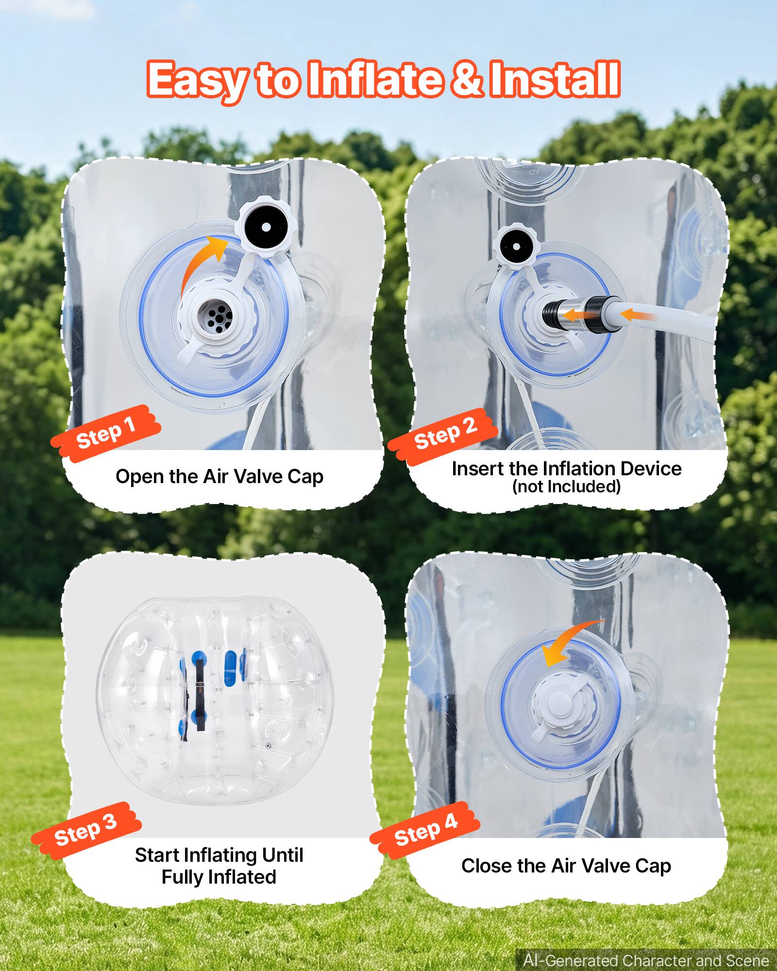 Easy to Inflate & Install

1 Step Open the Air Valve Cap
2 Step Insert the Inflation Device (not Included)
3 Step Start Inflating Until Fully Inflated
4 Step Close the Air Valve Cap

AI-Generated Character and Scene