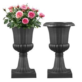 VEVOR - Plastic Urn Planters, 9.8 x 16.5 Inch, 2 Pack Classic Flower Pots Front Porch Planters, Indoor & Outdoor Vase - Black