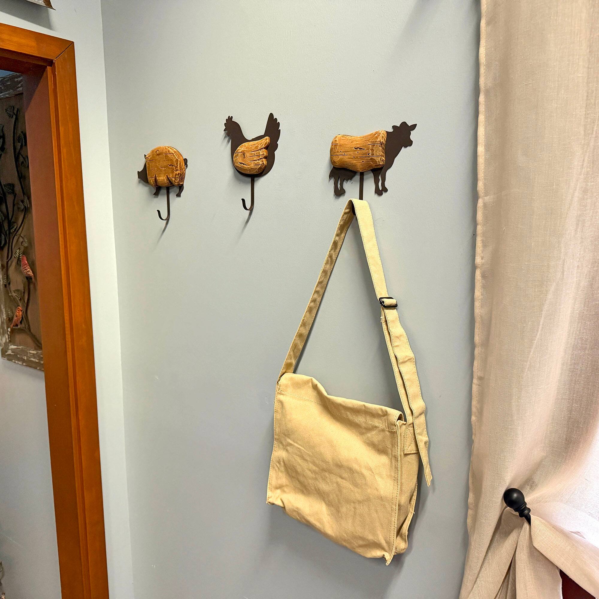 Alt View 4. Things2Die4 - Farm Animal Wall Hooks Set of 3 Wood Metal Farmhouse 7 in Brown Black - Brown.