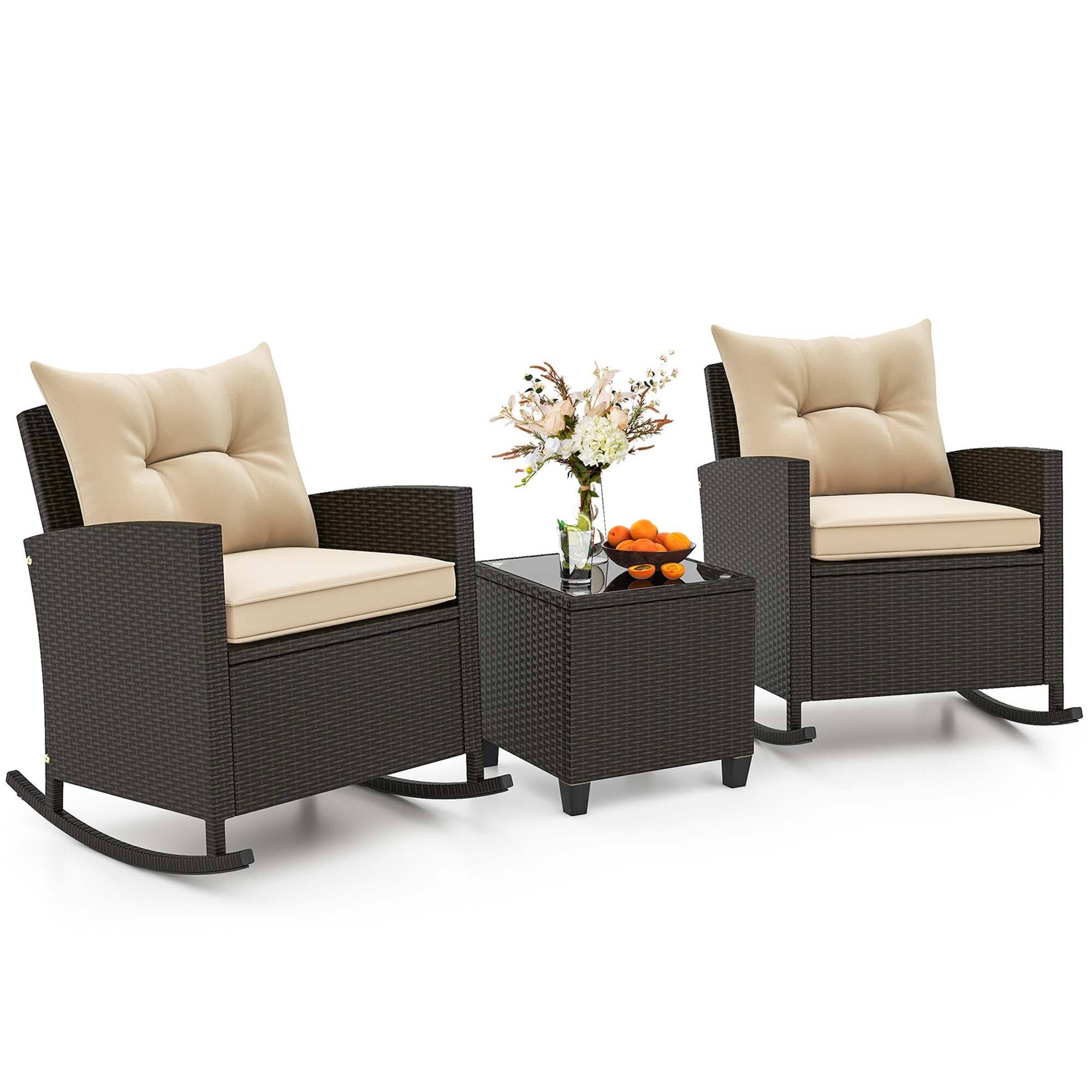 Alt View 9. Costway - 3 PCS Patio Wicker Rocking Set with Tempered Glass Table & Soft Cushions Outdoor - Beige + Mix Brown.