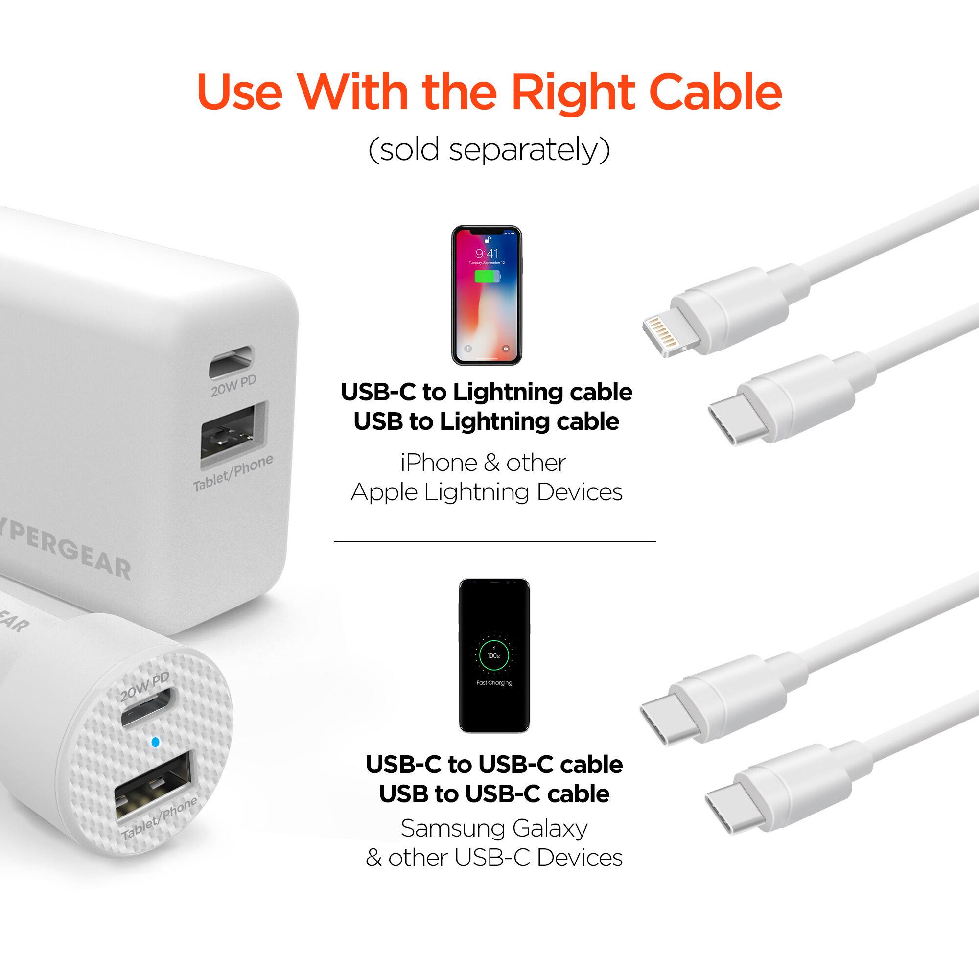 Use With the Right Cable (sold separately)  
9:41 | PD 20W Tablet/Phone  
PERGEAR AR 20W-PD USB-C to Lightning cable  
USB to Lightning cable  
iPhone & other Apple Lightning Devices  
Tablet/Phone  
USB-C to USB-C cable  
USB to USB-C cable  
Samsung Galaxy & other USB-C Devices