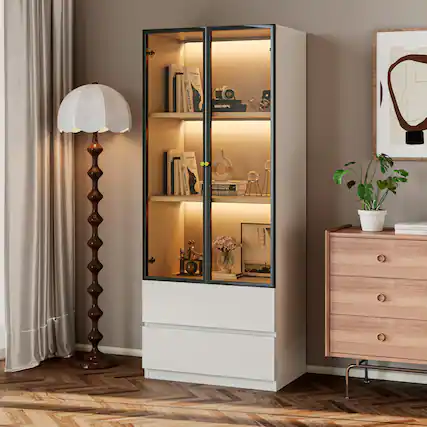 Front. MSOOB - 23.6'' W China Cabinet Tempered Glass Display Cabinet With 3 Led Lights Curio Cabinet For Kitchen - White.