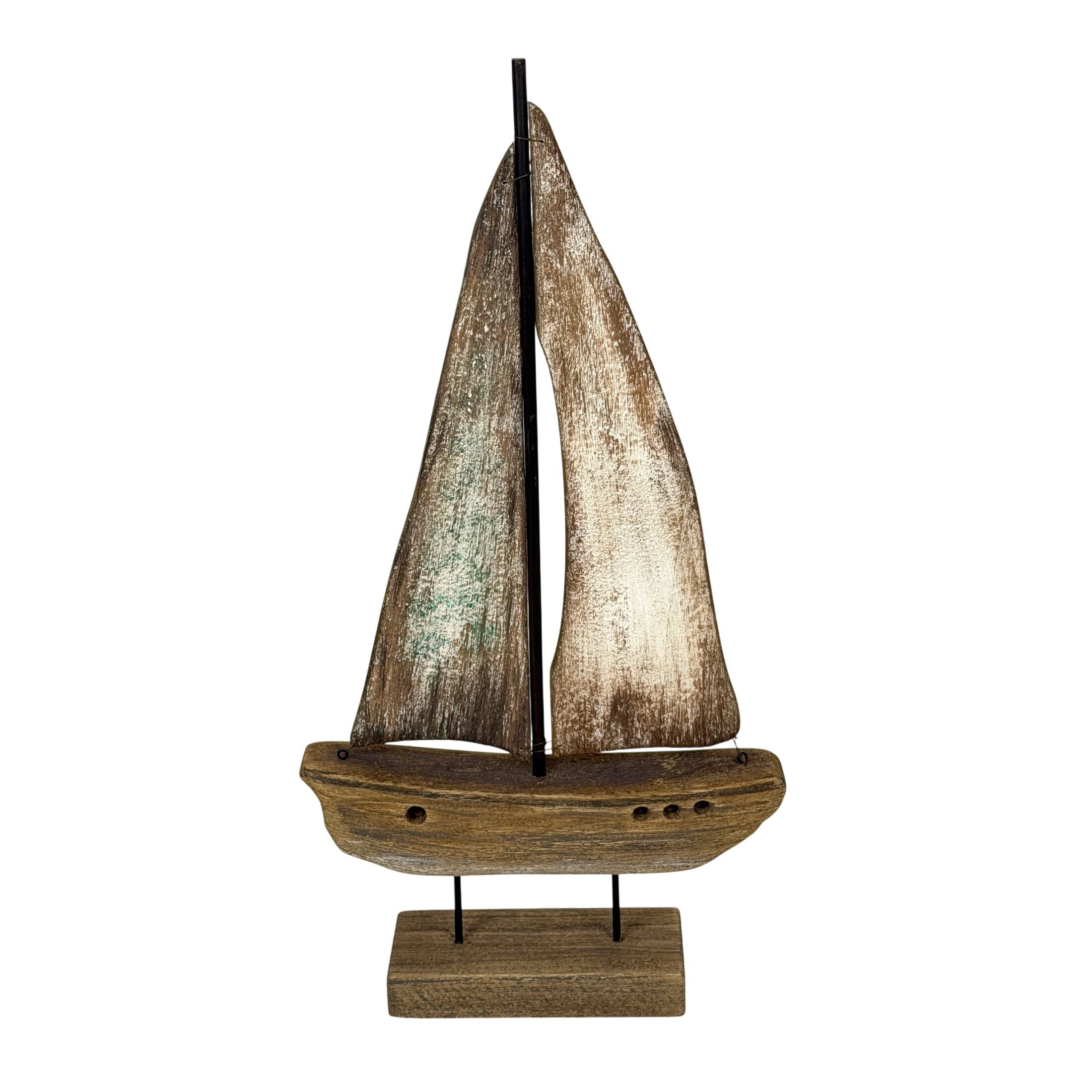 Front. Things2Die4 - Weathered Wood Sailboat Sculpture 22 Inch Nautical Coastal Tabletop Decor - Natural.