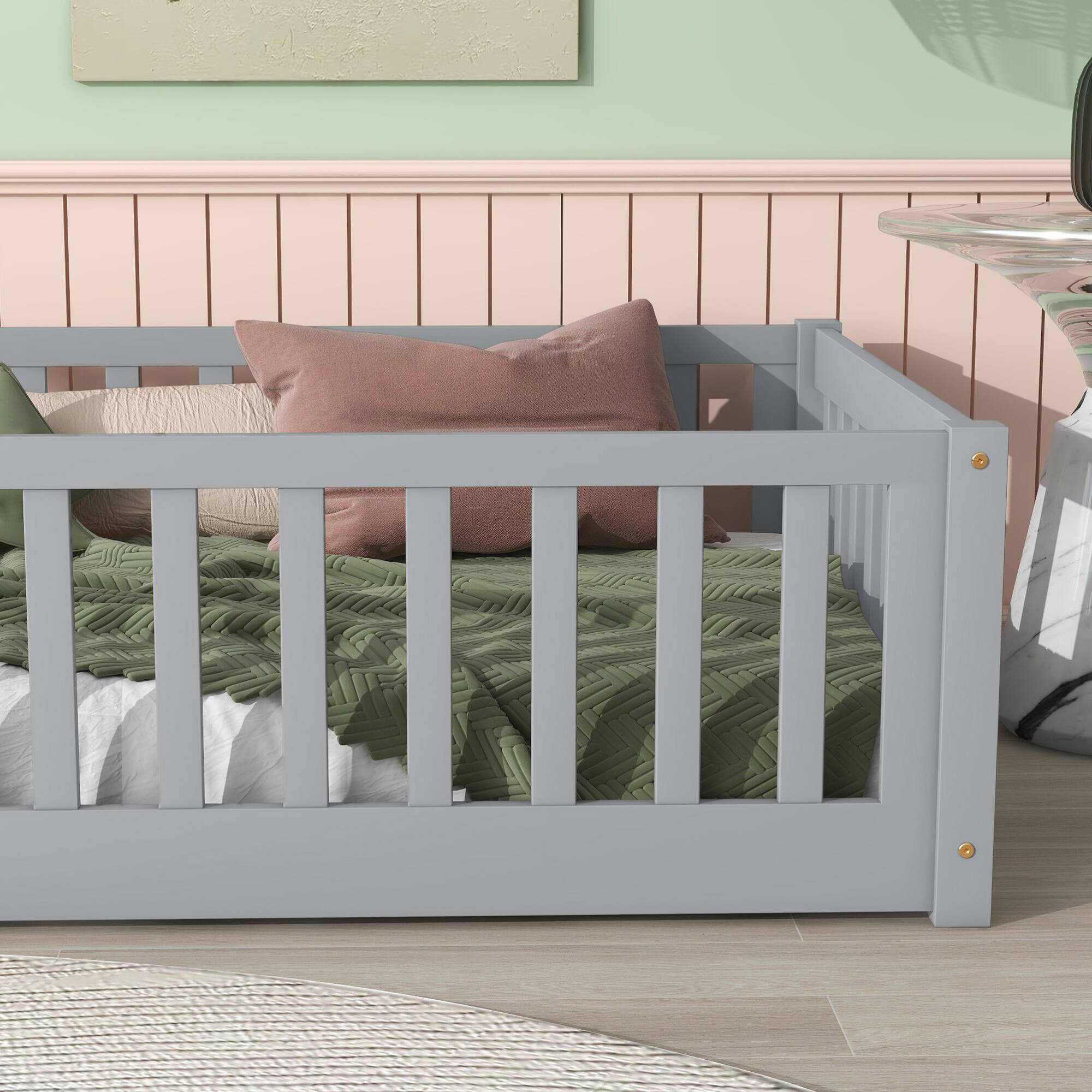 Alt View 2. GOODSILO - Twin Size Low-Profile Youth Bed with Secure Enclosure Frame, Solid Wood Construction, Neutral Finish - Grey.