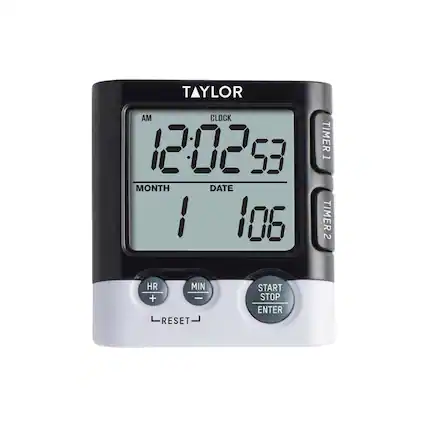 TAYLOR CLOCK 12:02:53 TIMER 1 MONTH DATE 1 106 TIMER 2 HR MIN + - RESET START STOP ENTER