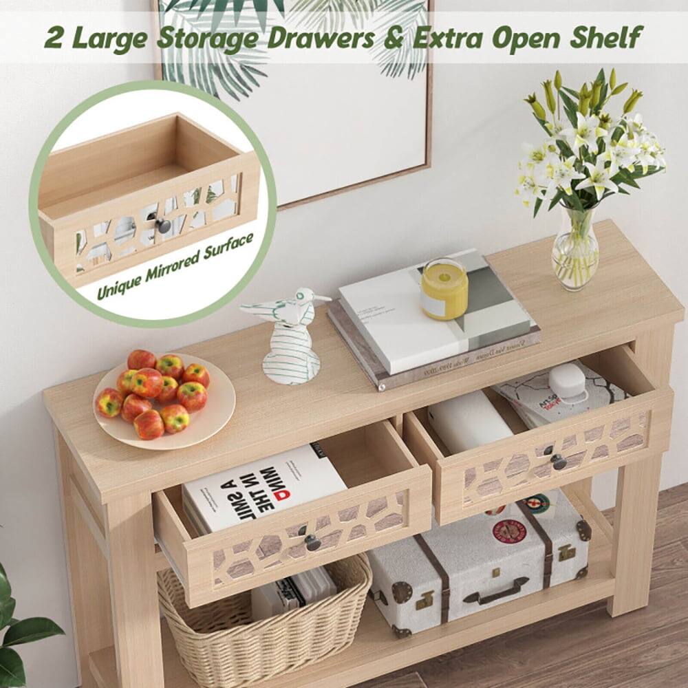 2 Large Storage Drawers & Extra Open Shelf  
Unique Mirrored Surface