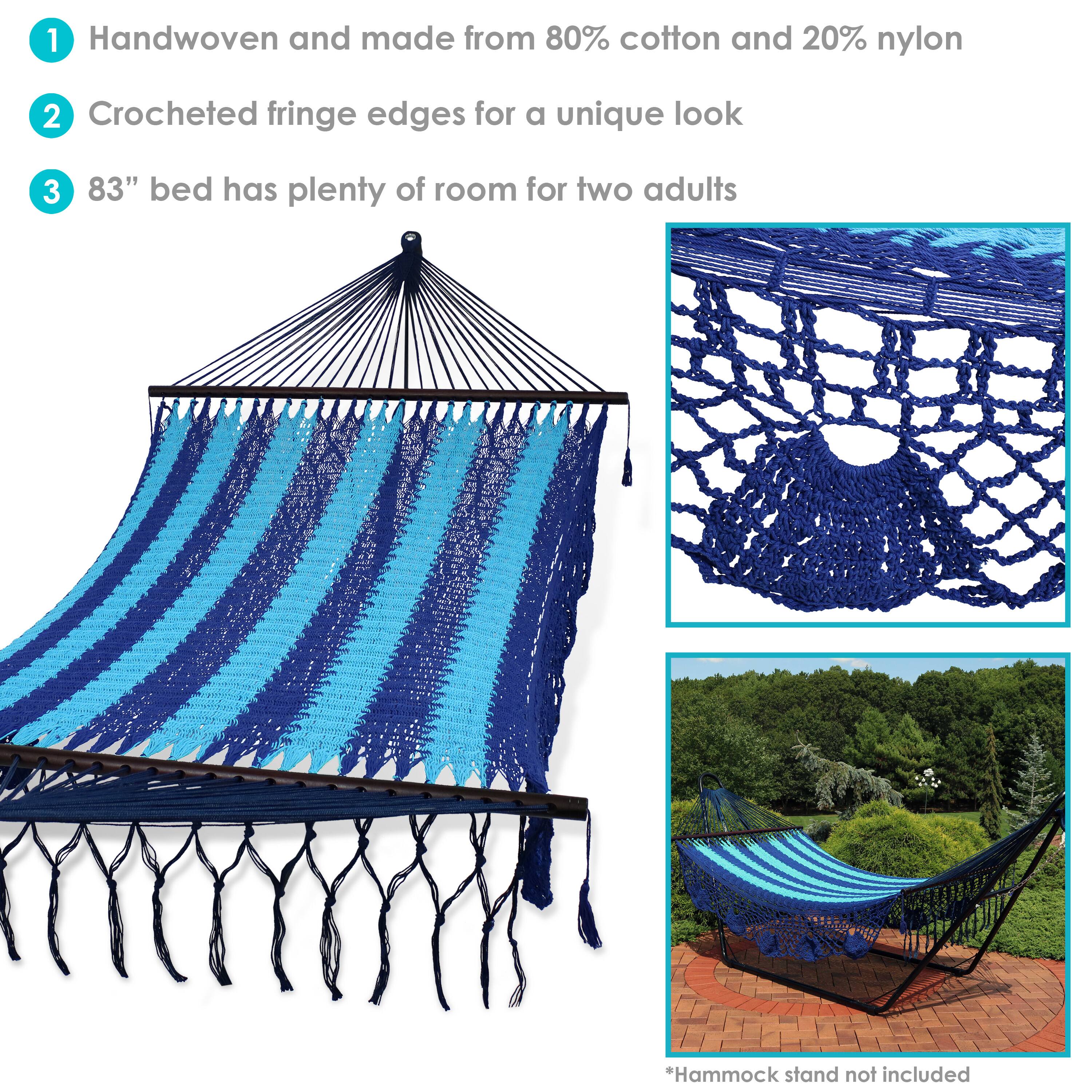 1. Handwoven and made from 80% cotton and 20% nylon  
2. Crocheted fringe edges for a unique look  
3. 83" bed has plenty of room for two adults  

*Hammock stand not included