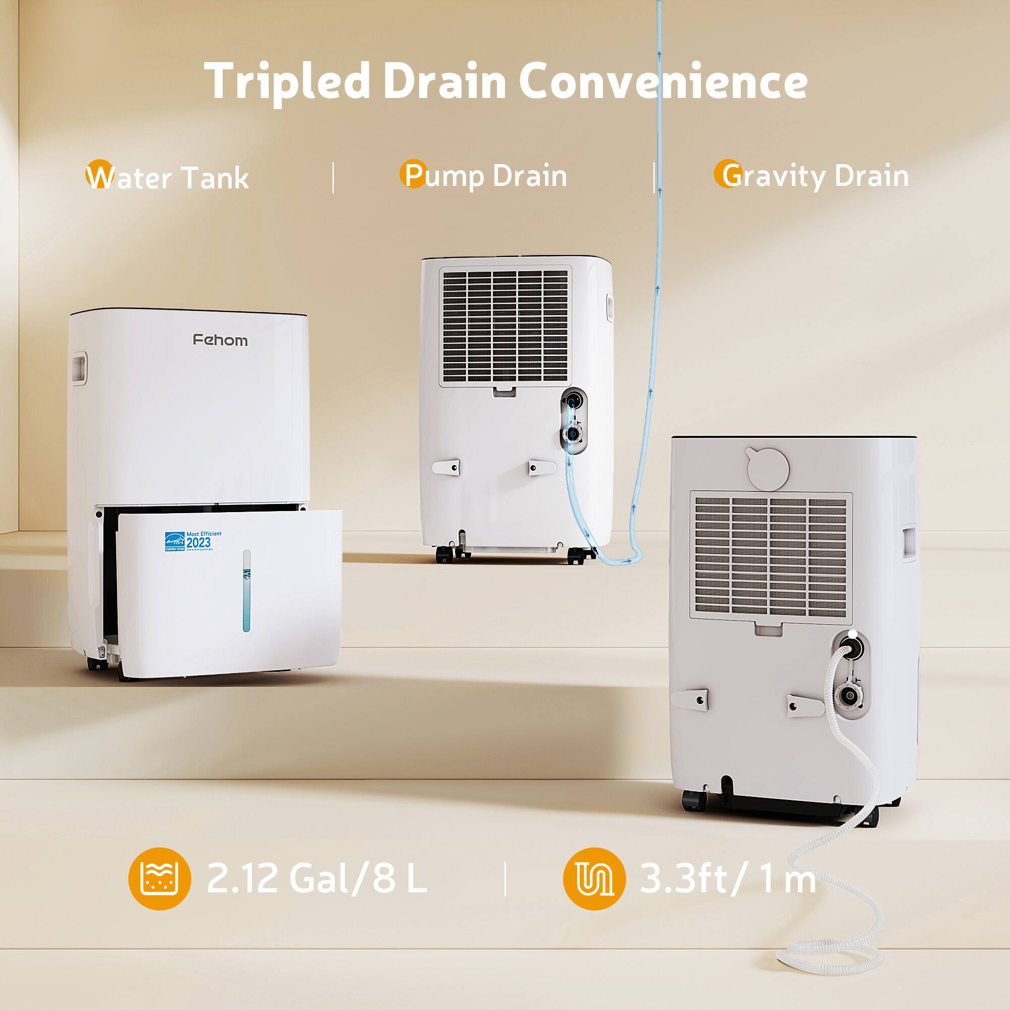 Tripled Drain Convenience

Water Tank | Pump Drain | Gravity Drain

Fehom

2.12 Gal/8 L

3.3ft/1m