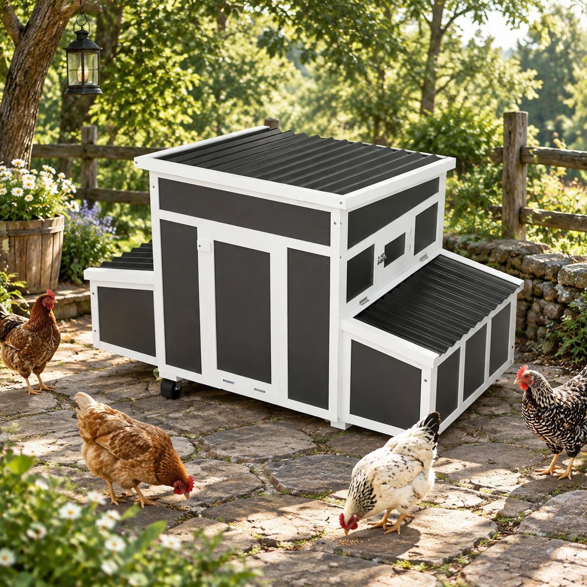 Angle. RYHNUYNE - Wooden Chicken Coop, Fir Wood and Plastic Build, 7 sq ft Activity Area, Dark Gray, Weatherproof Roof, Easy Clean Tray.