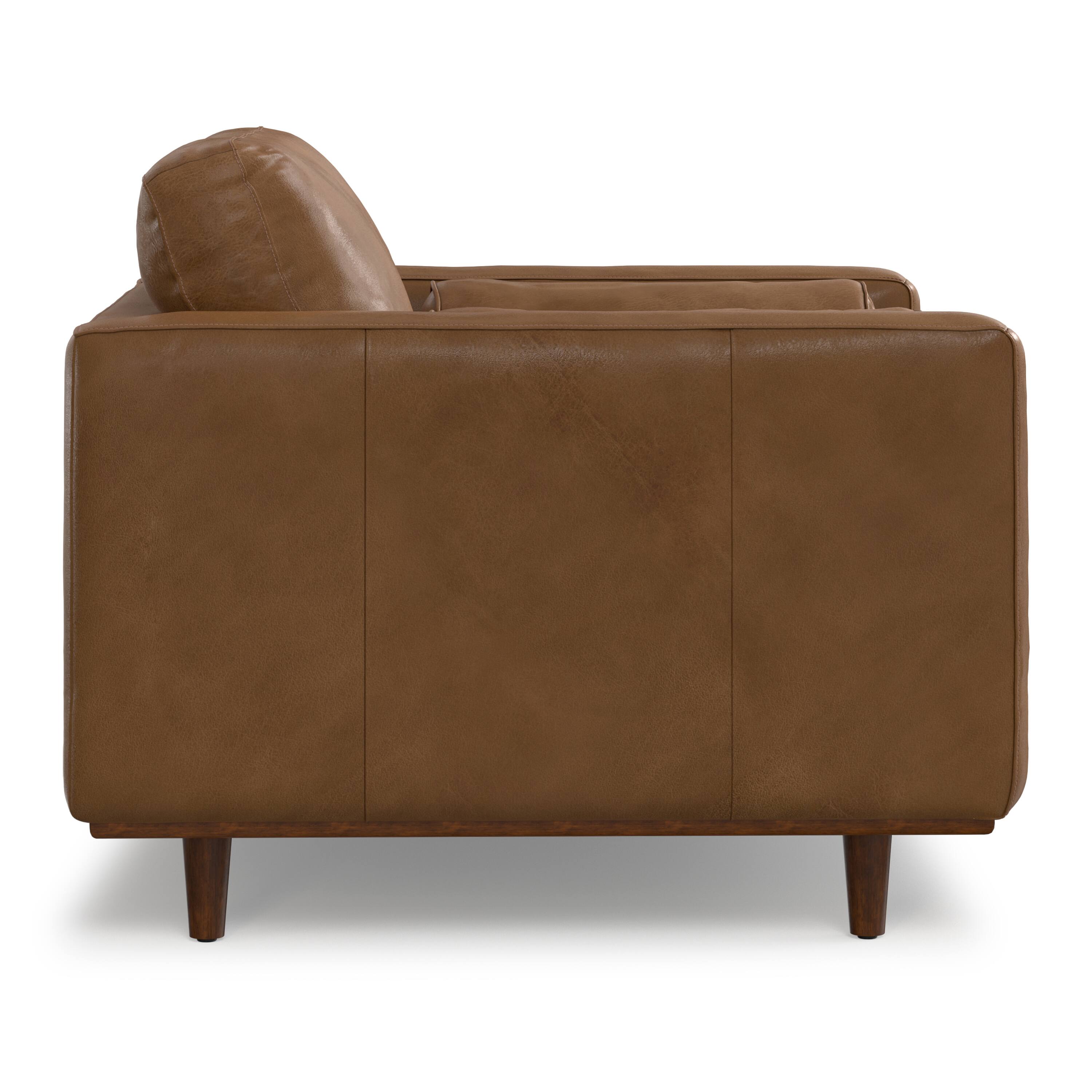 Back. Simpli Home - Morrison 42 inch Wide Mid-Century Modern Arm Chair in Caramel Brown Genuine Leather - Caramel Brown.