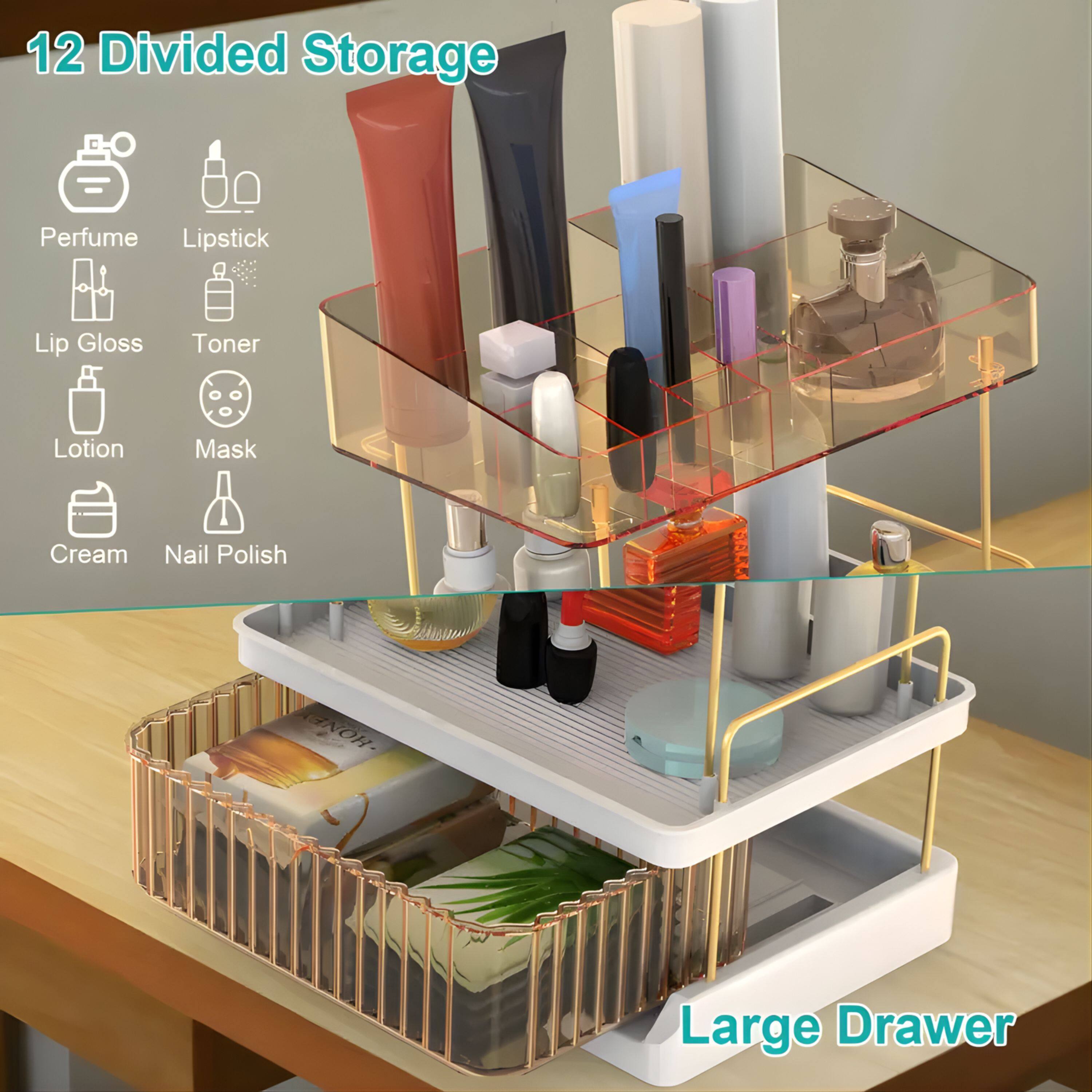 12 Divided Storage

- Perfume
- Lipstick
- Lip Gloss
- Toner
- Lotion
- Mask
- Cream
- Nail Polish

Large Drawer