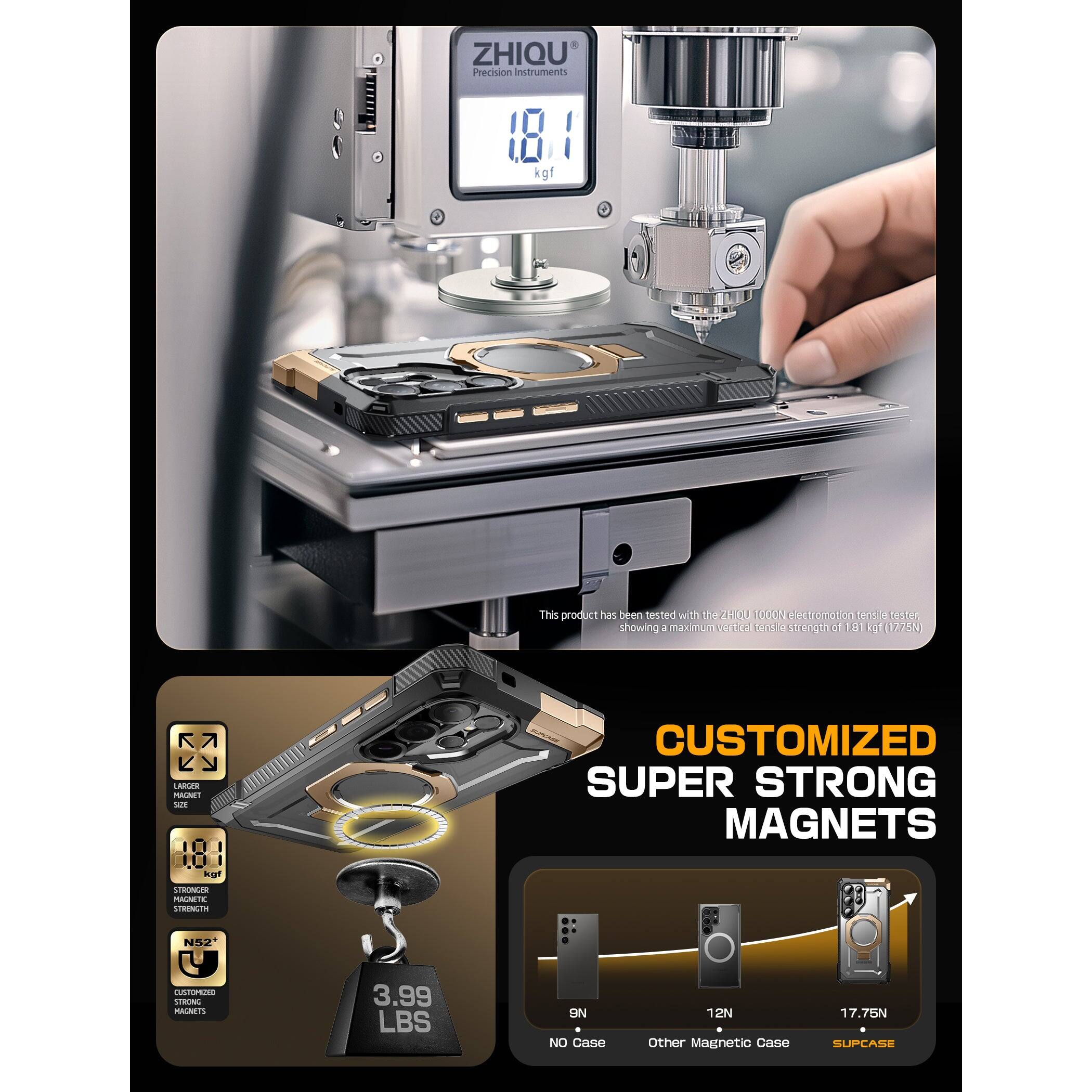 ZHIQU Precision Instruments  
18 kgf  

This product has been tested with the 2100 OOCN Fectronator cont a tester showing a maximum vertical tensile strength of 181 lbf (1775N).  

CUSTOMIZED SUPER STRONG MAGNETS  

- 18 kgf  
- N52  
- CUSTOMIZED MAGNETS  
- 3.99 LBS  

9N  
NO Case  

12N  
Other Magnetic Case  

17.75N  
SUPCASE