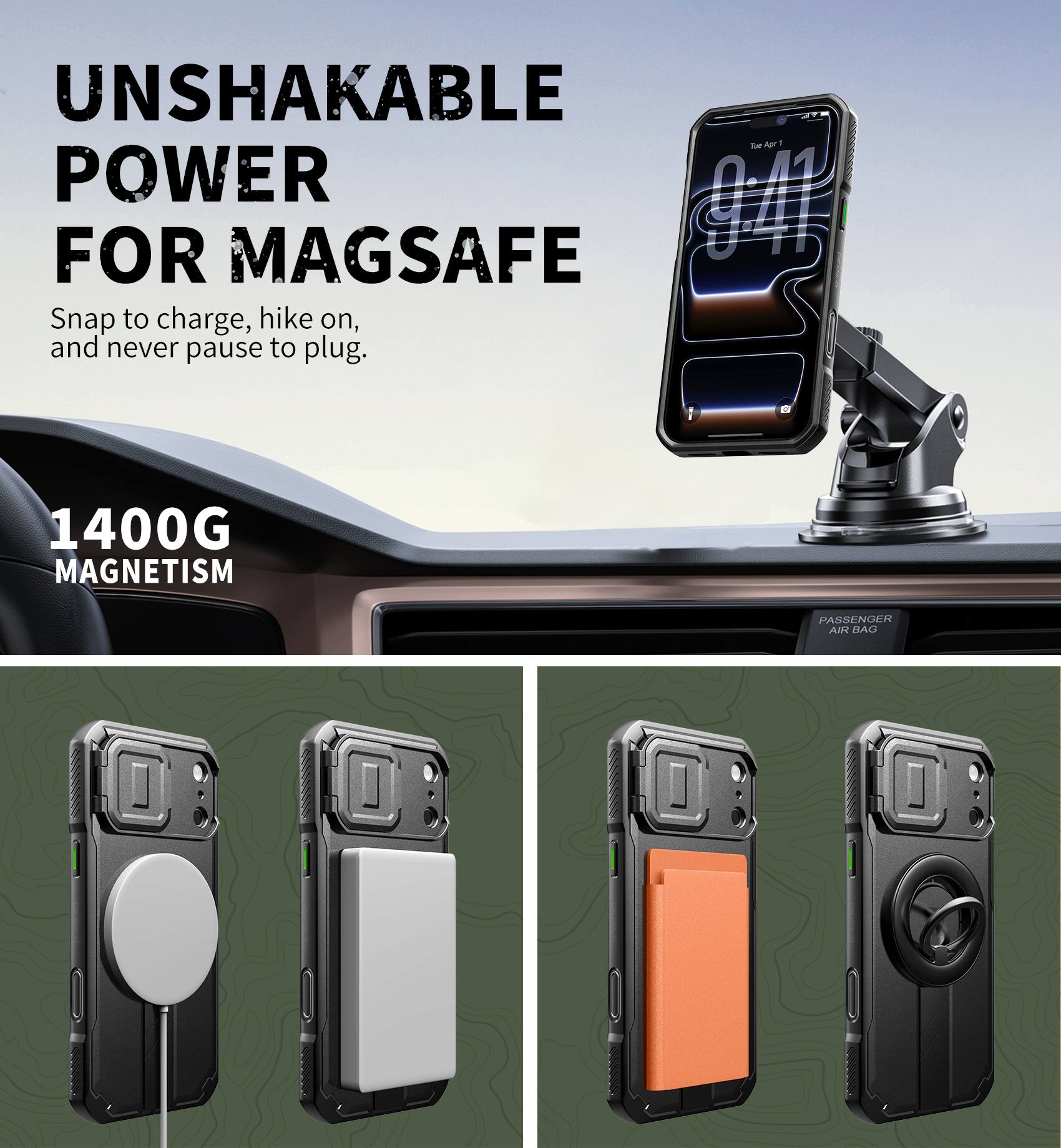UNSHAKABLE POWER FOR MAGSAFE

Snap to charge, hike on, and never pause to plug.

1400G MAGNETISM

PASSENGER AIR BAG