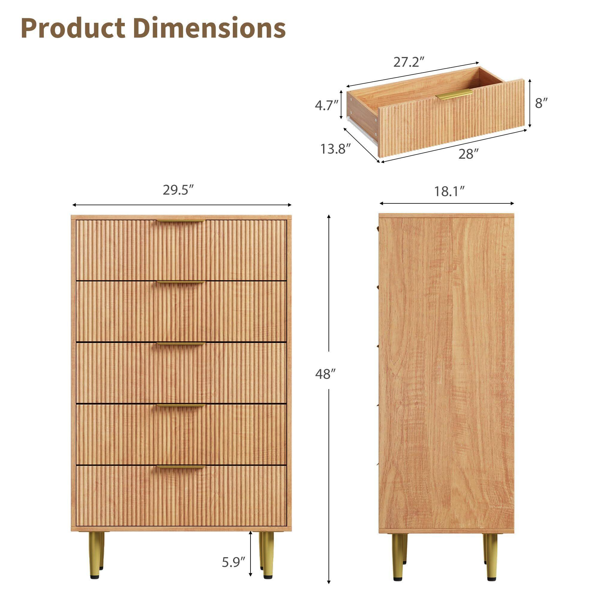 Alt View 2. Acekool - Fluted Dresser for Bedroom with 5 Drawers, Wooden Chest of Drawers with Metal Handle & Feet - Yellow.