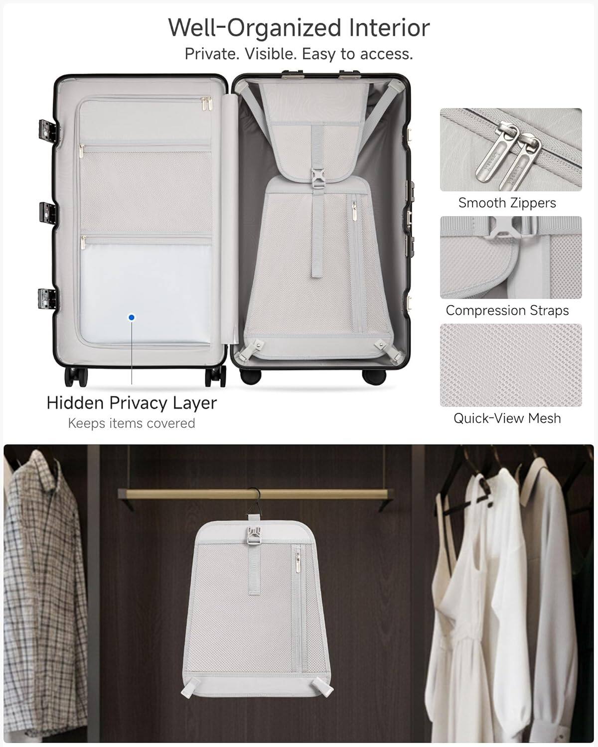 Well-Organized Interior  
Private. Visible. Easy to access.  

Hidden Privacy Layer  
Keeps items covered  

Smooth Zippers  
Compression Straps  
Quick-View Mesh